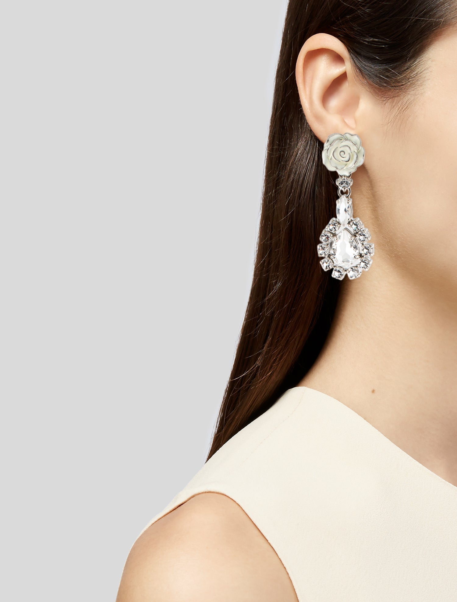 Prada Crystal Flower Clip-On Drop Earrings