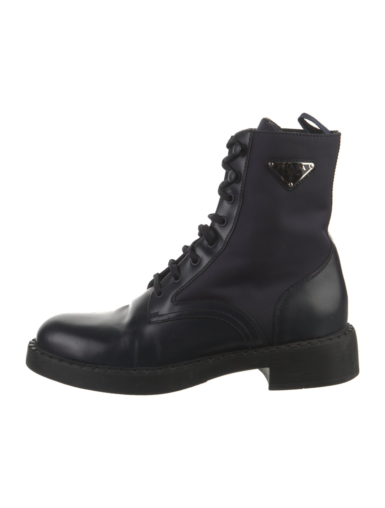 Prada Enameled Metal Triangle Leather Combat Boots