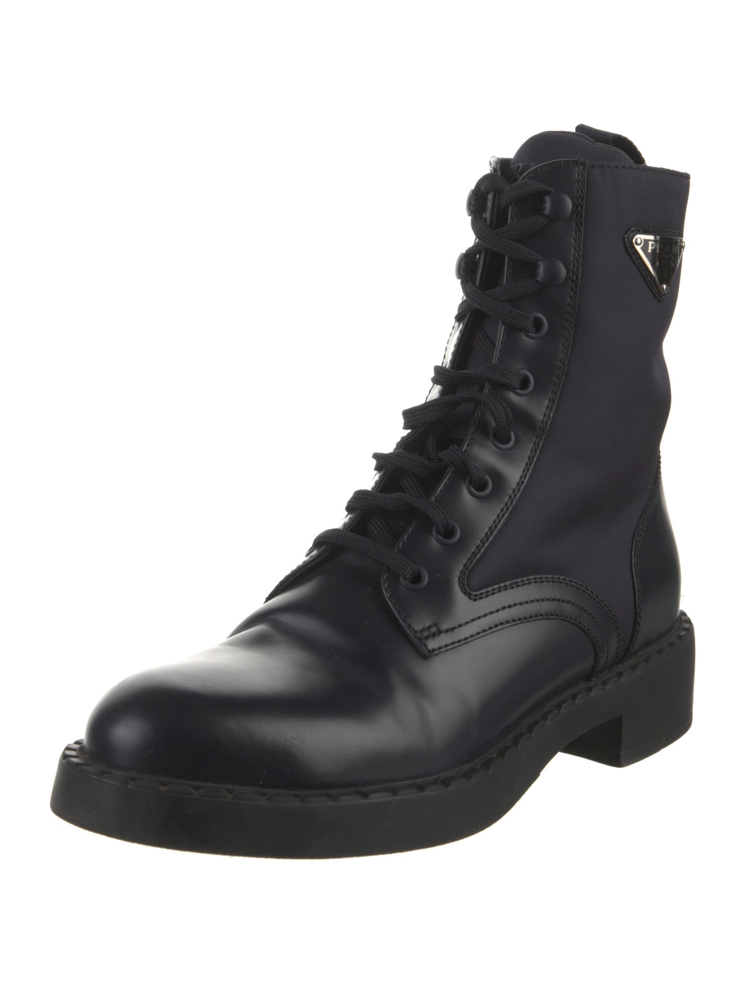 Prada Enameled Metal Triangle Leather Combat Boots