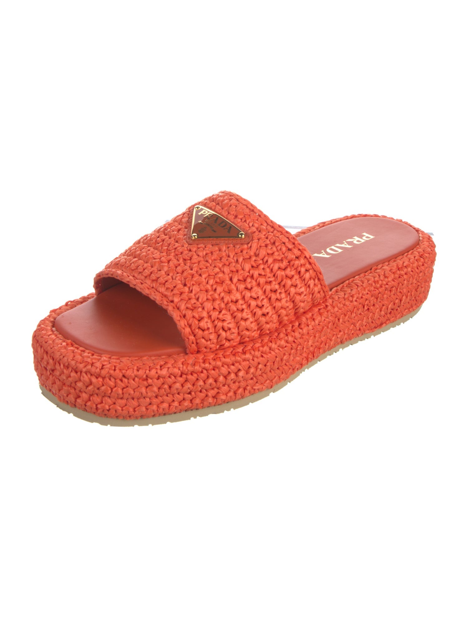 Prada Enameled Metal Triangle Straw Slides