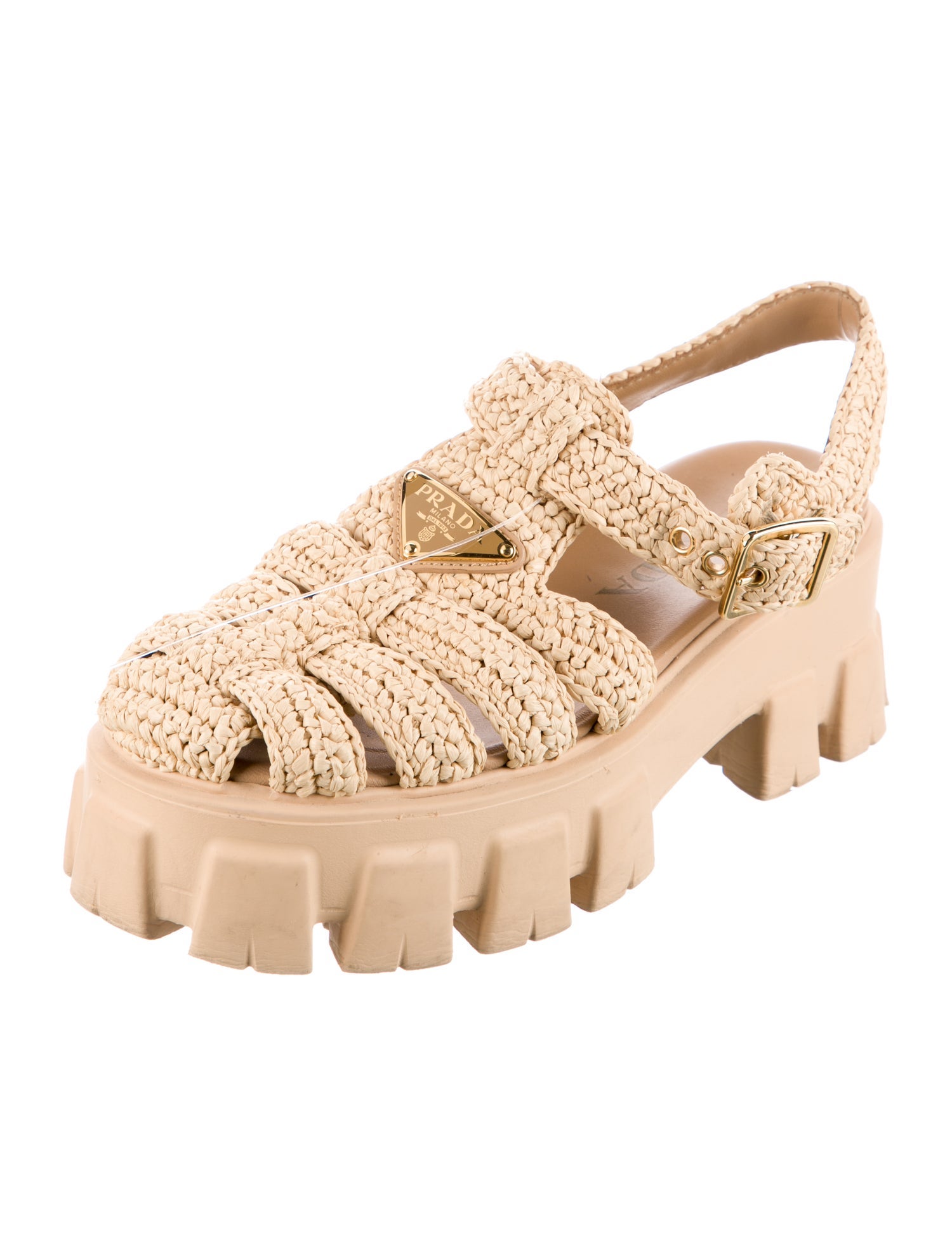 Prada Enameled Metal Triangle Raffia Gladiator Sandals