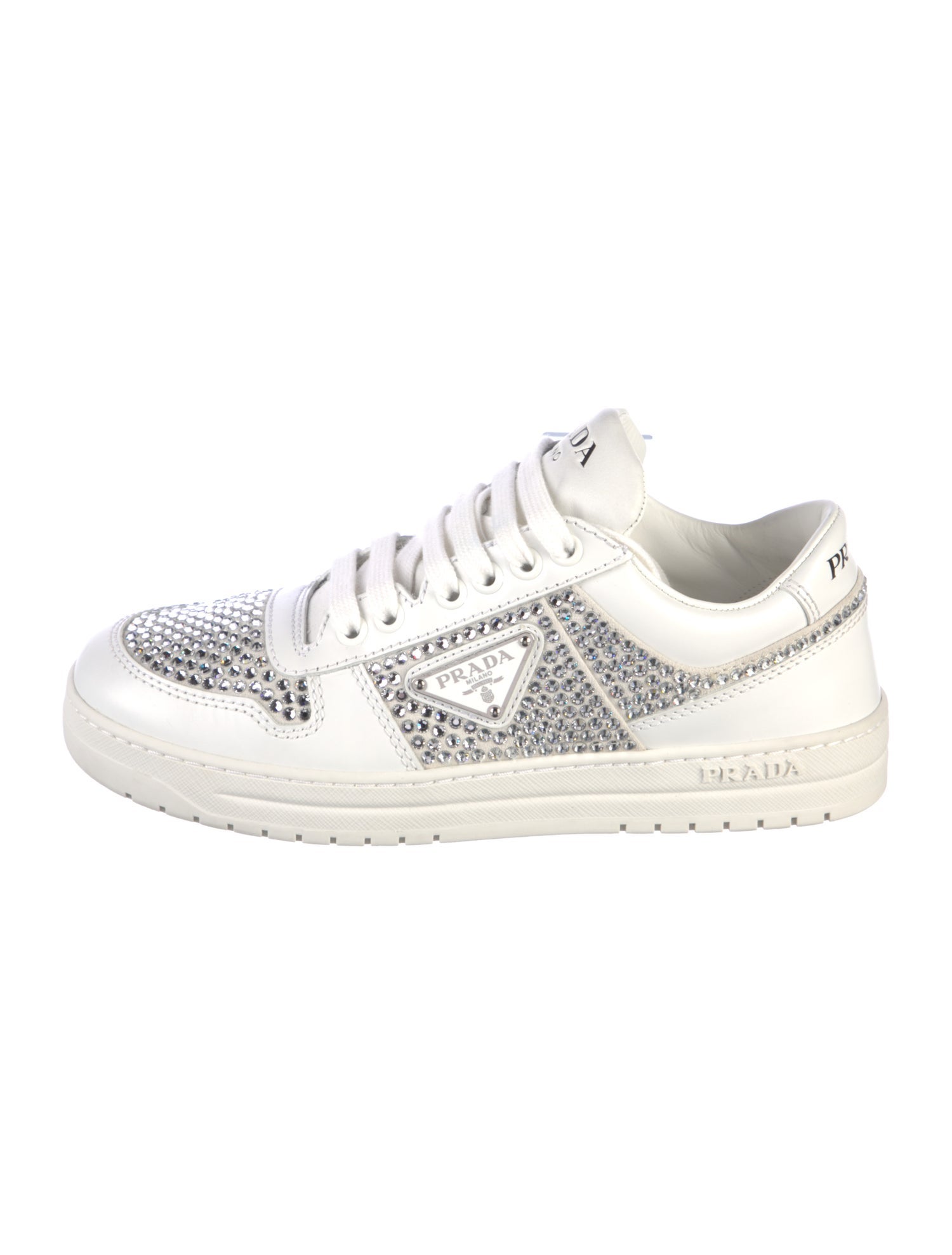 Prada Enameled Metal Triangle Leather Sneakers