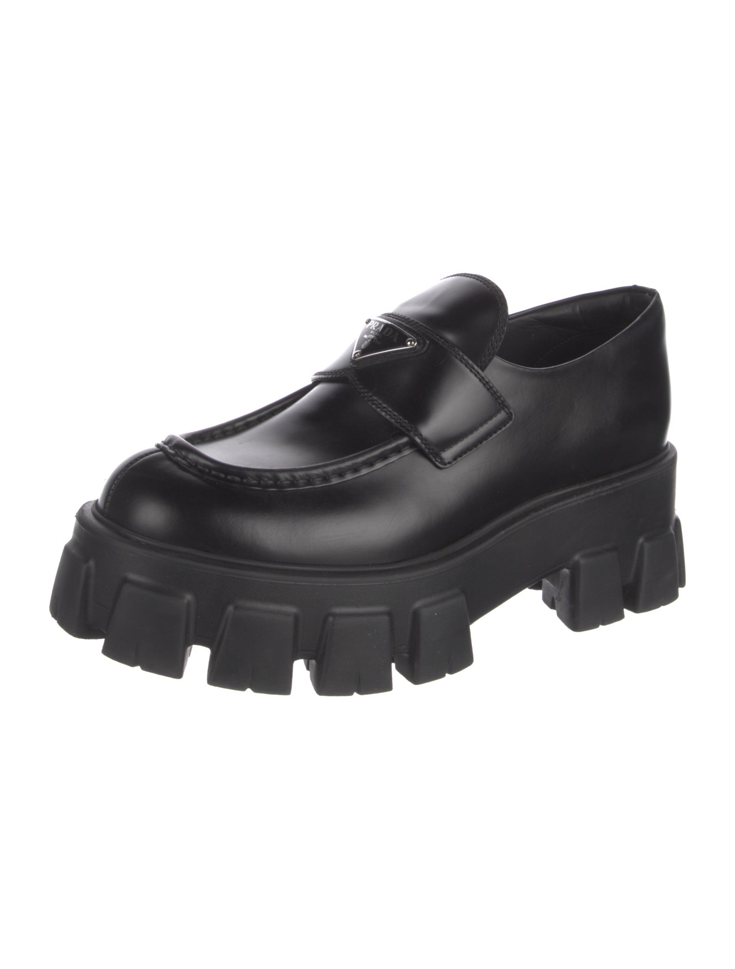 Prada Enameled Metal Triangle Leather Oxfords