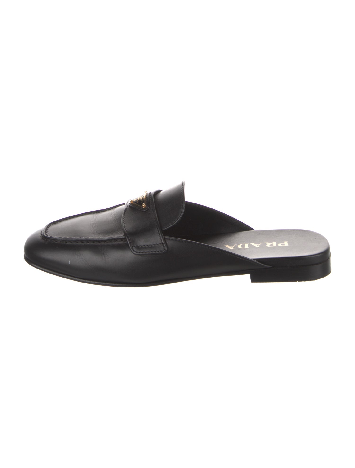 Prada Enameled Metal Triangle Leather Mules