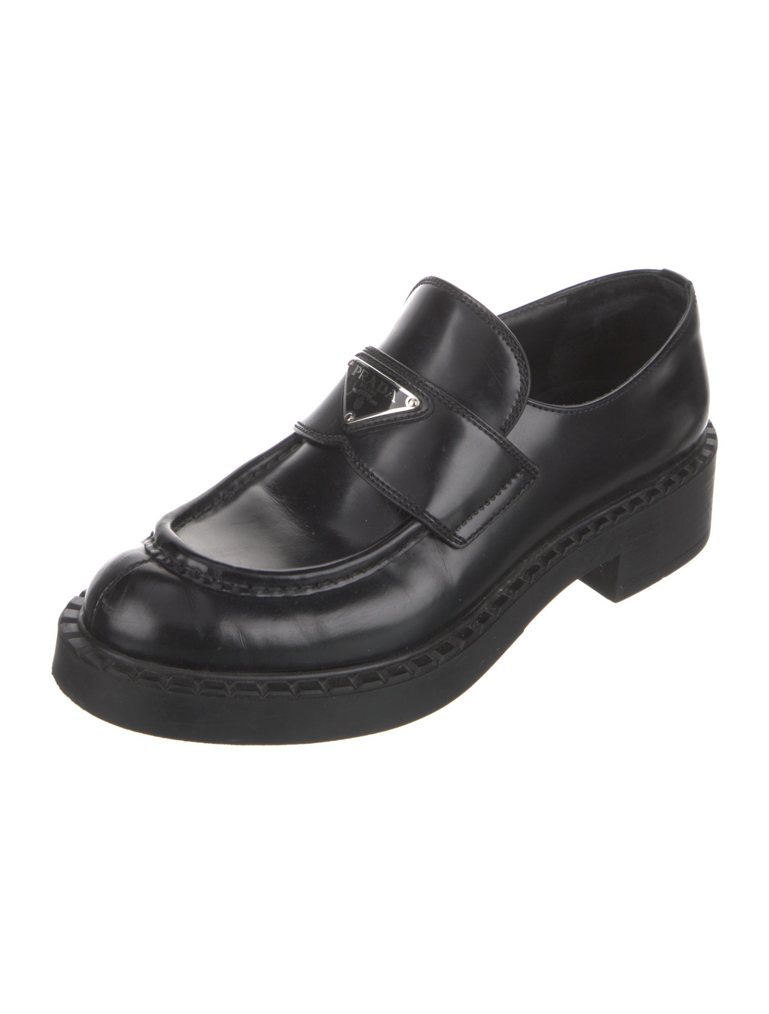 Prada Enameled Metal Triangle Leather Oxfords