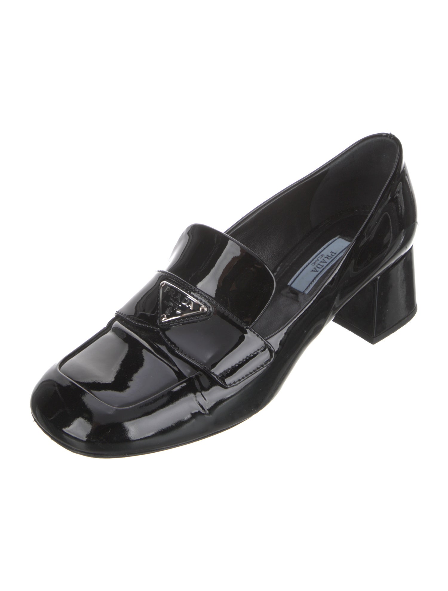 Prada Enameled Metal Triangle Patent Leather Pumps