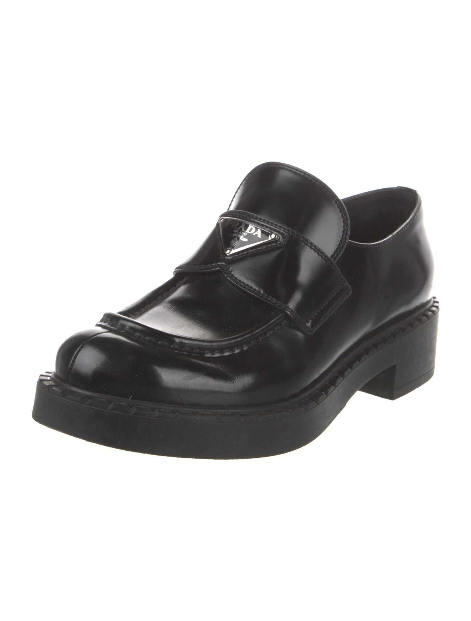Prada Enameled Metal Triangle Leather Oxfords