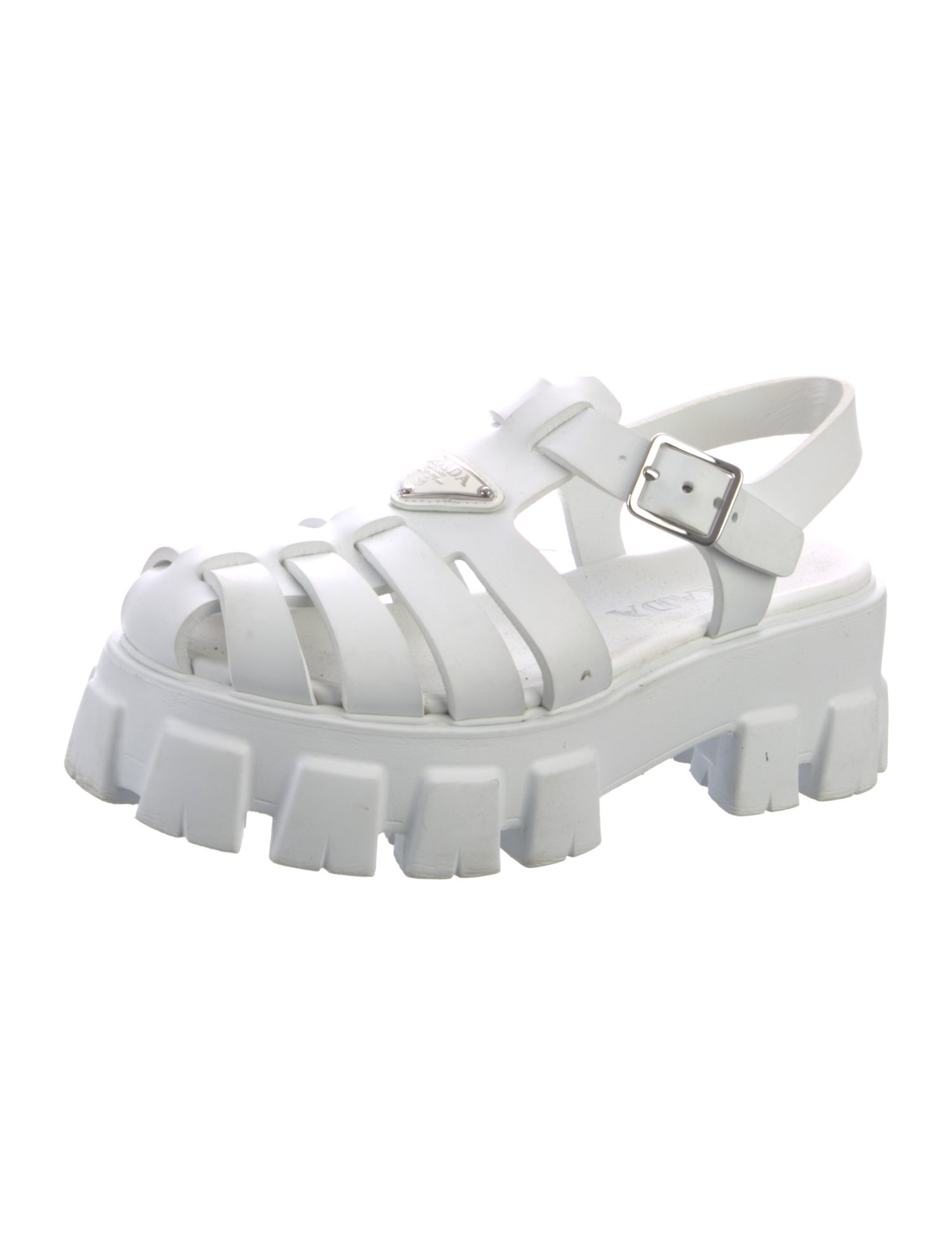 Prada Enameled Metal Triangle Rubber Slingback Sandals