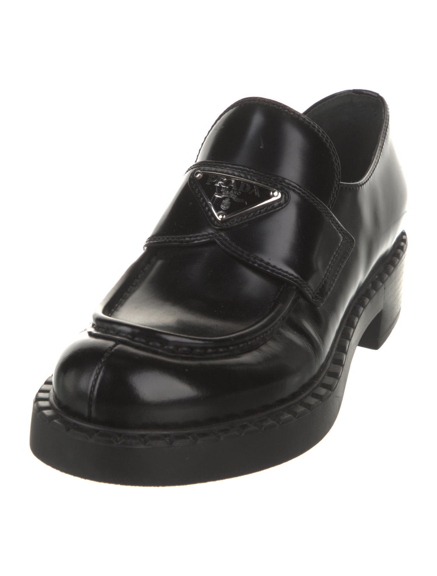 Prada Enameled Metal Triangle Leather Oxfords