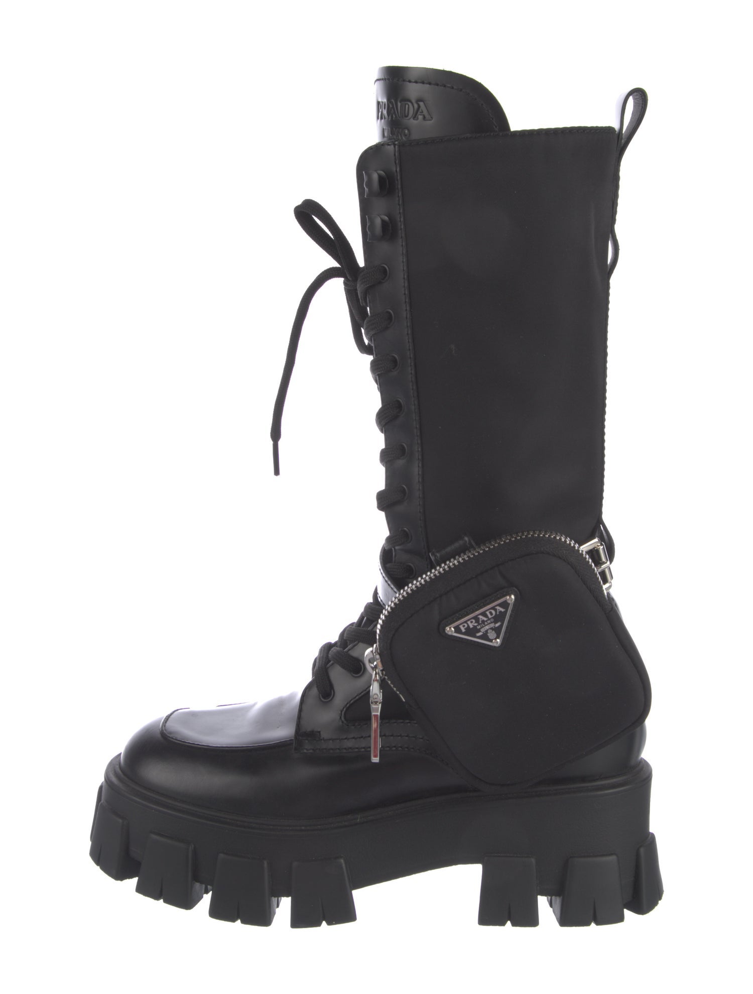 Prada Leather Leather Trim Embellishment Combat Boots