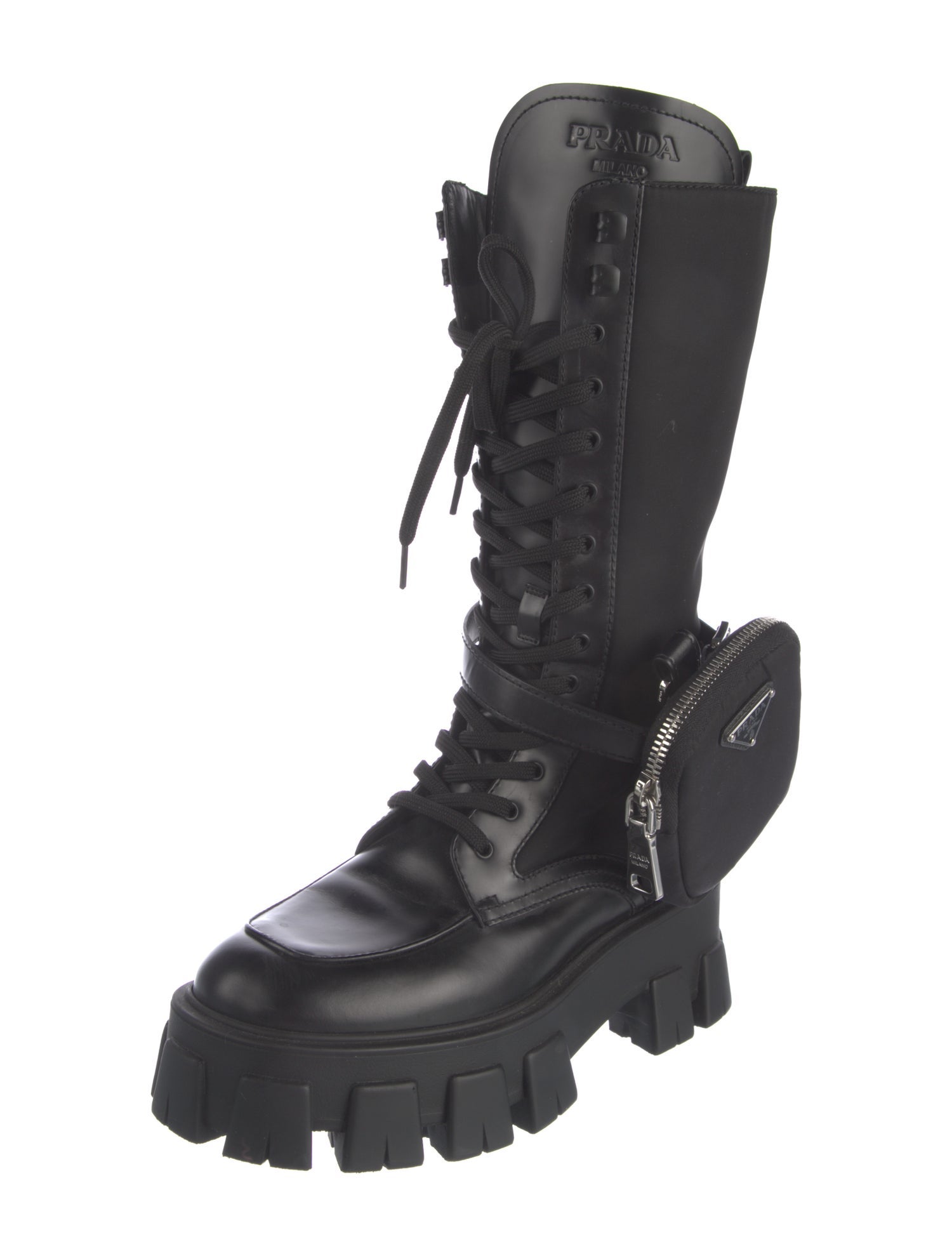 Prada Leather Leather Trim Embellishment Combat Boots