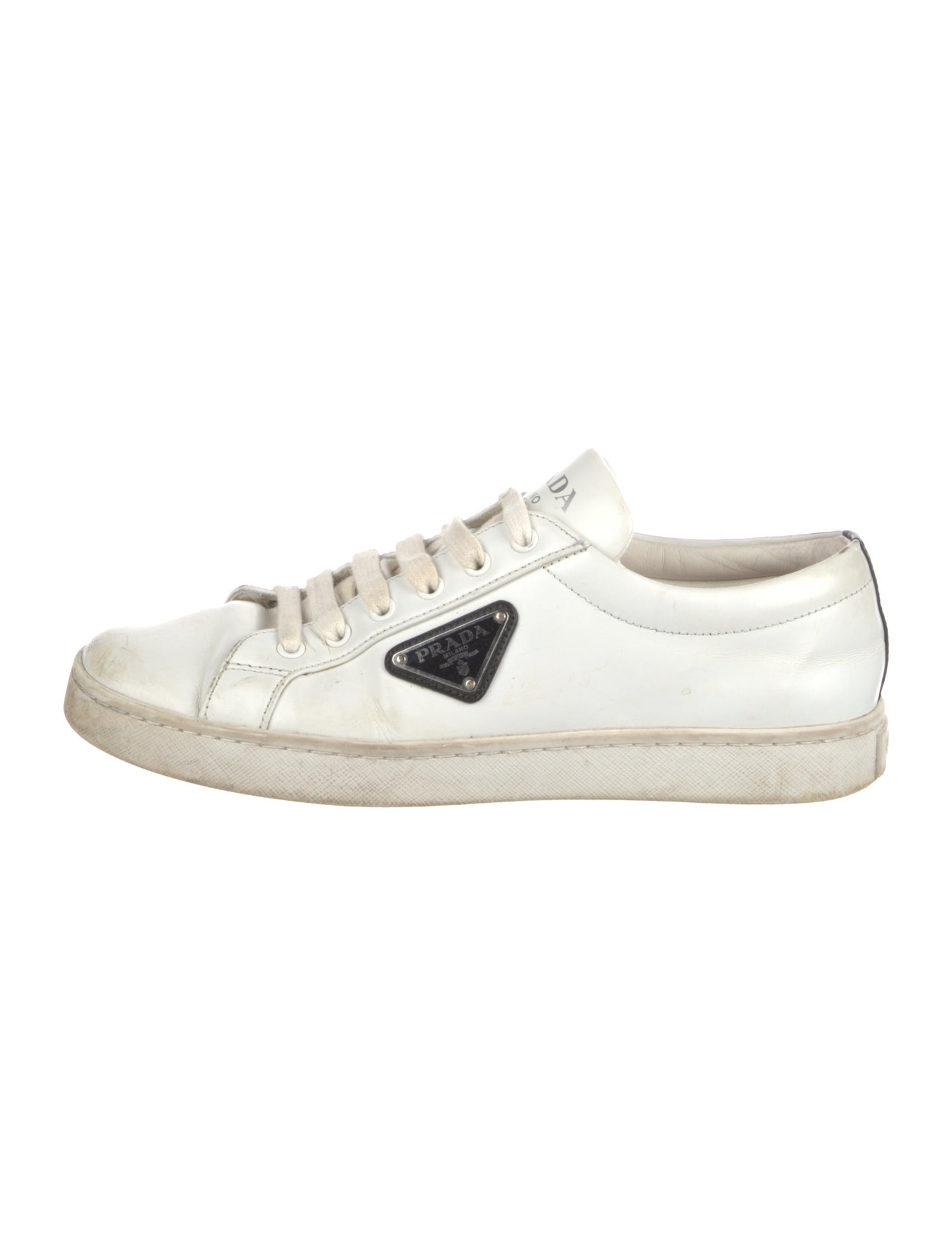 Prada Enameled Metal Triangle Leather Sneakers