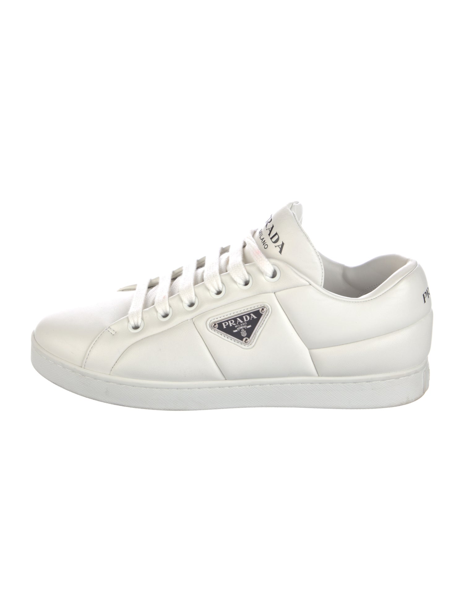 Prada Enameled Metal Triangle Leather Sneakers