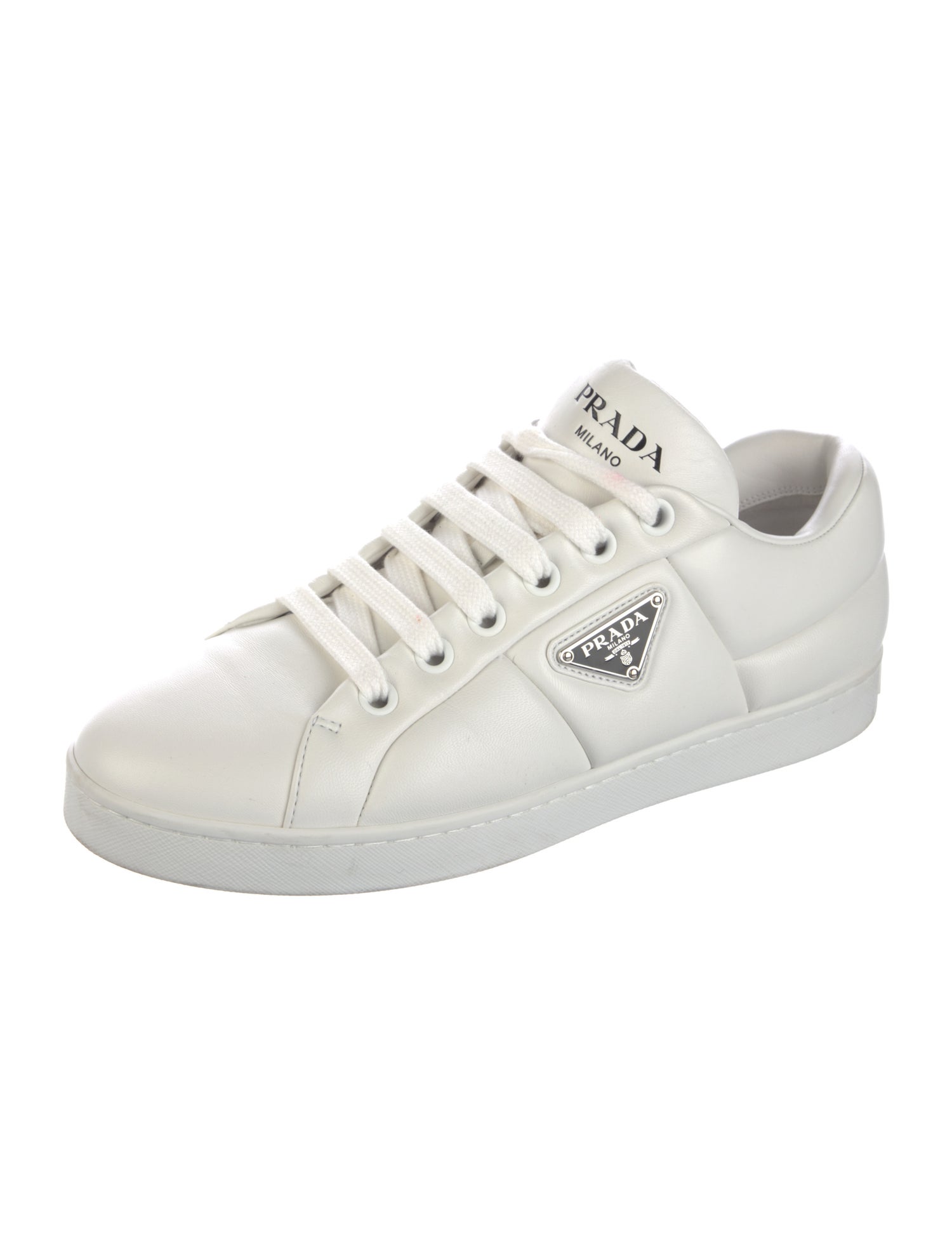 Prada Enameled Metal Triangle Leather Sneakers