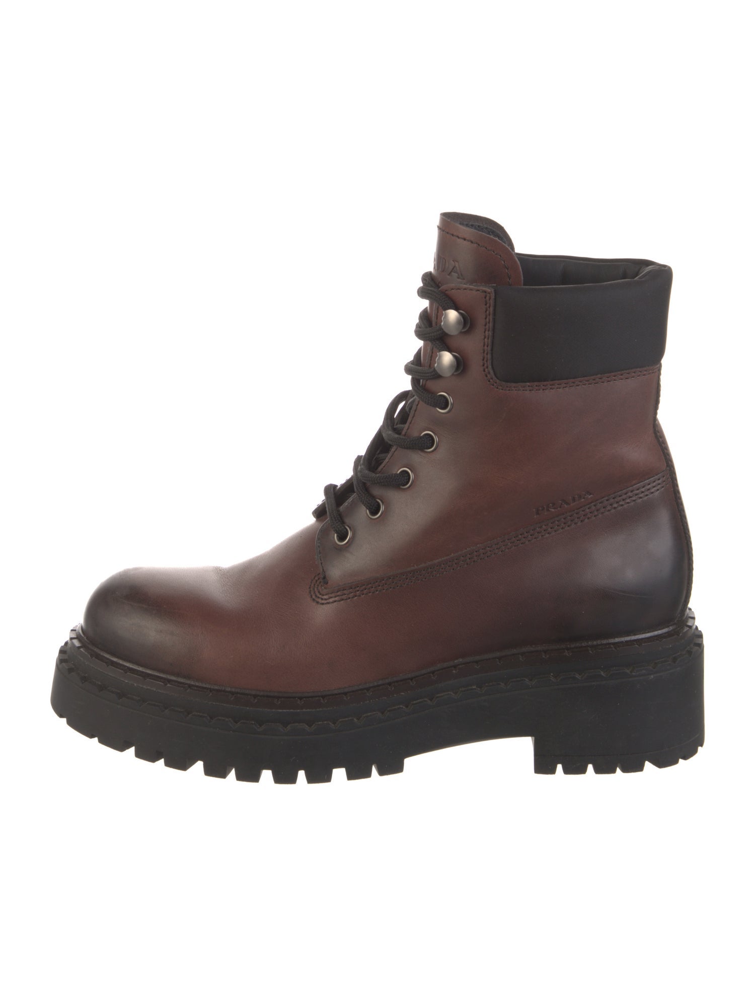 Prada Enameled Metal Triangle Leather Combat Boots
