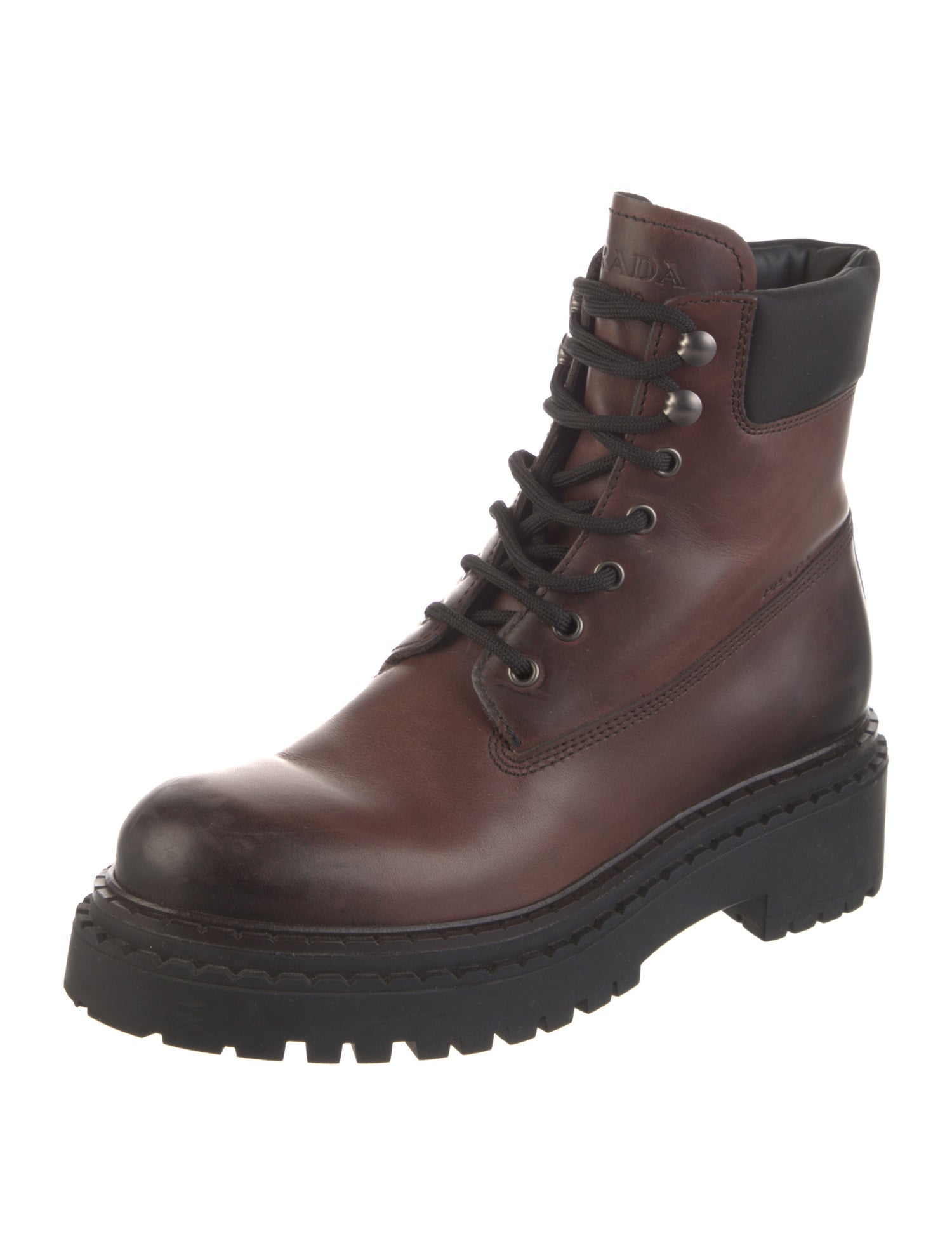 Prada Enameled Metal Triangle Leather Combat Boots
