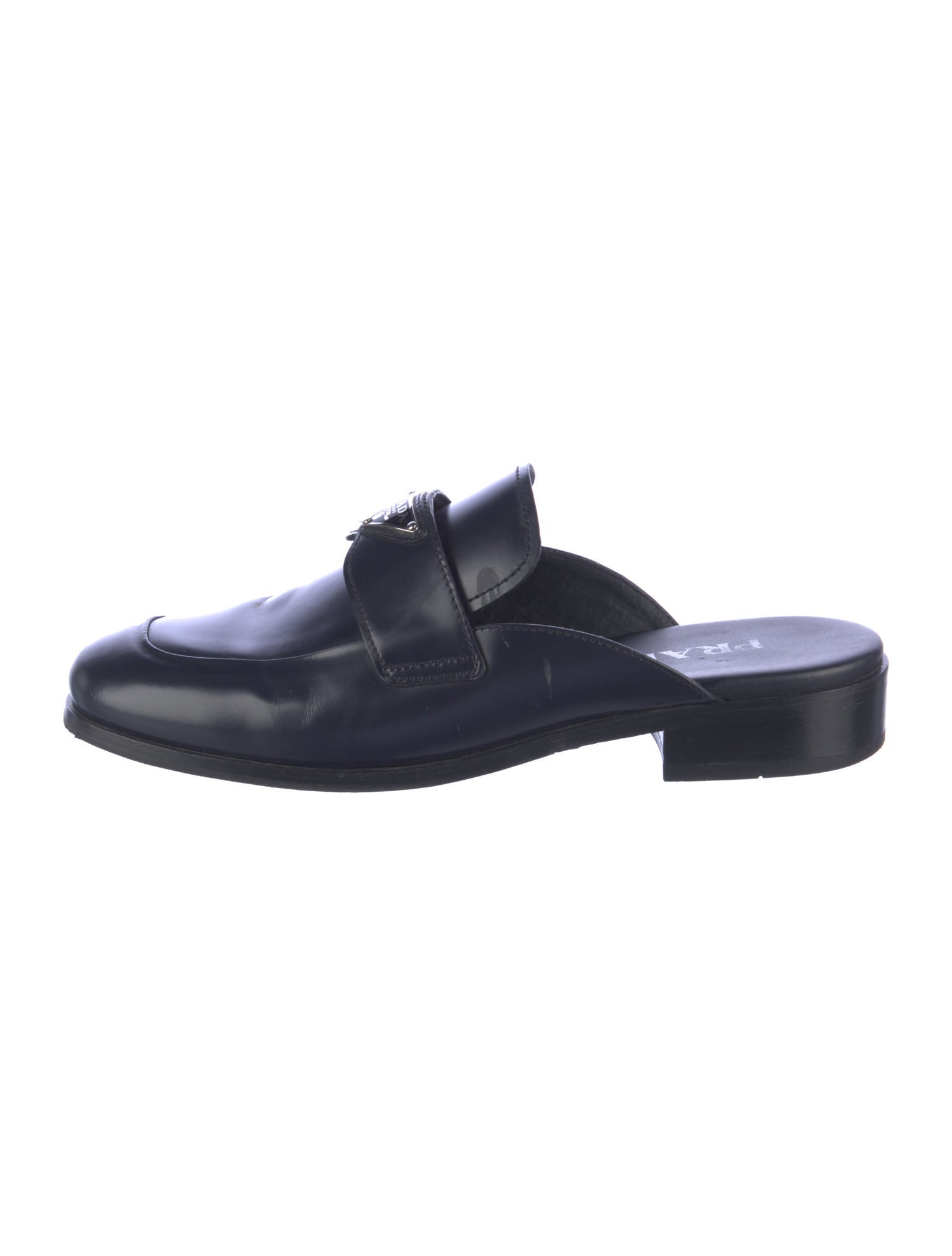 Prada Enameled Metal Triangle Leather Mules