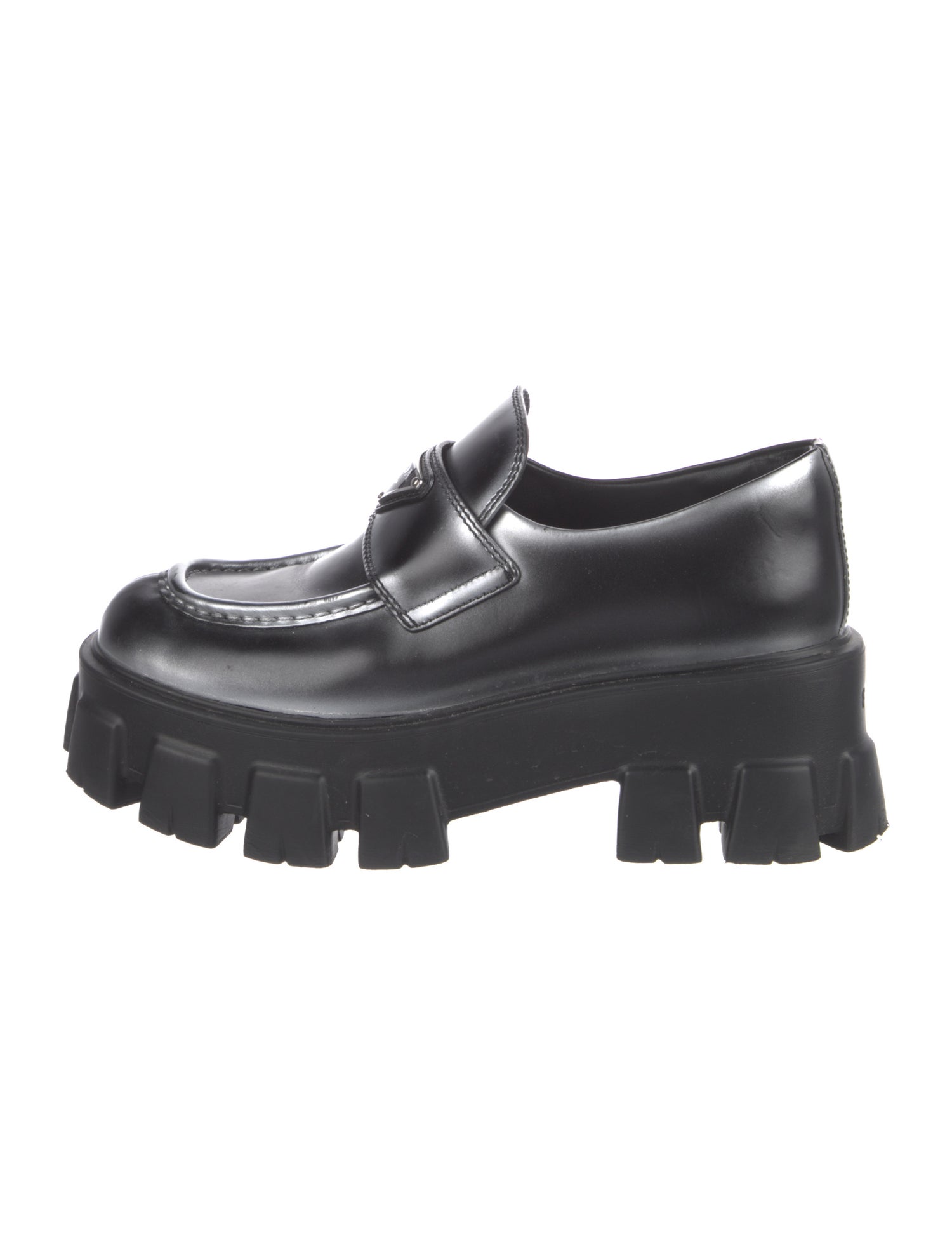 Prada Enameled Metal Triangle Patent Leather Oxfords