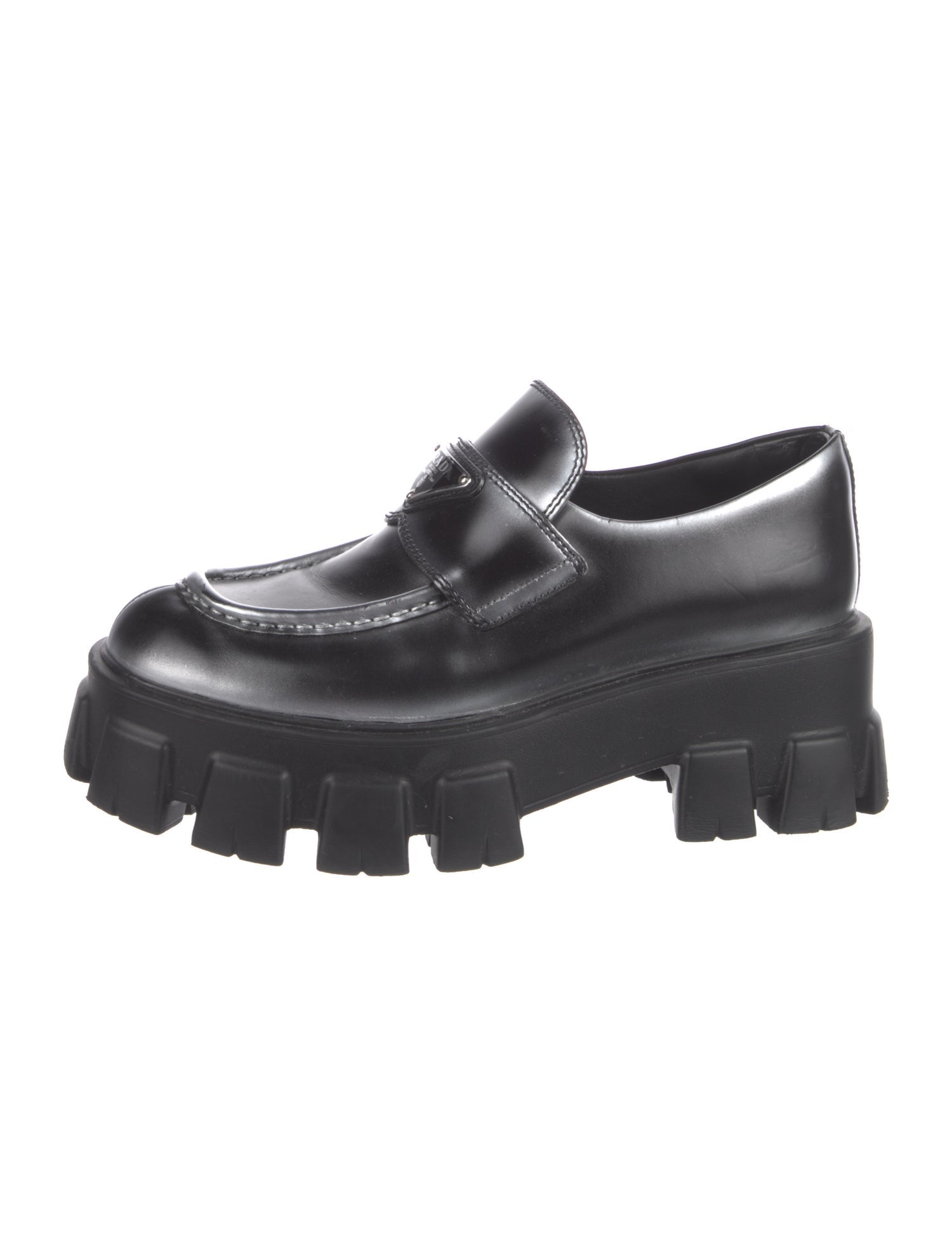 Prada Enameled Metal Triangle Patent Leather Oxfords