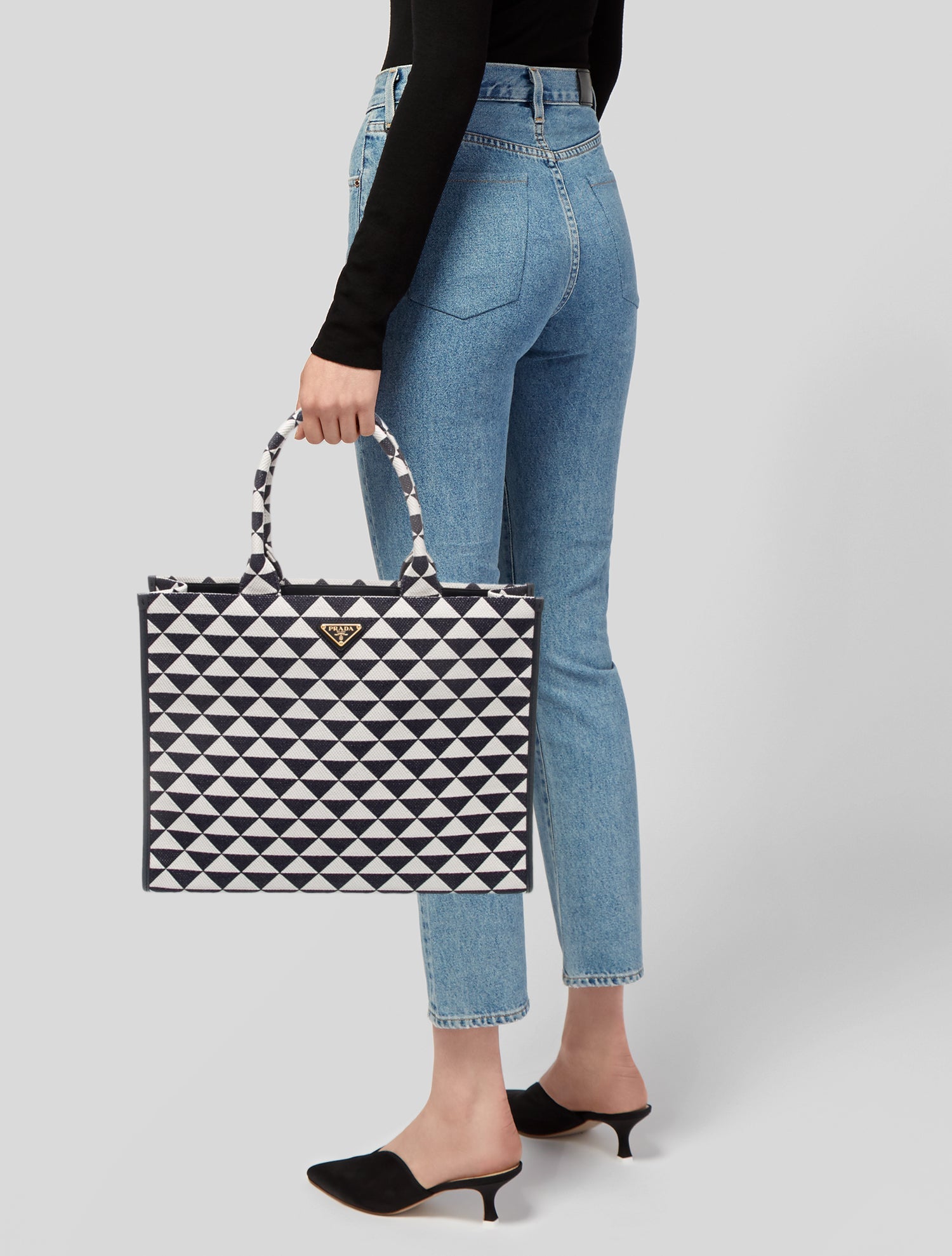 Prada Enameled Metal Triangle Jacquard Symbole Tote Large