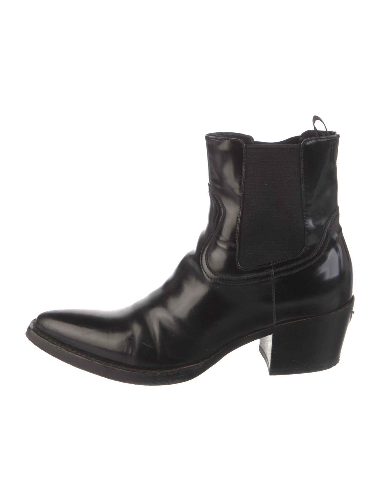 Prada Enameled Metal Triangle Leather Chelsea Boots