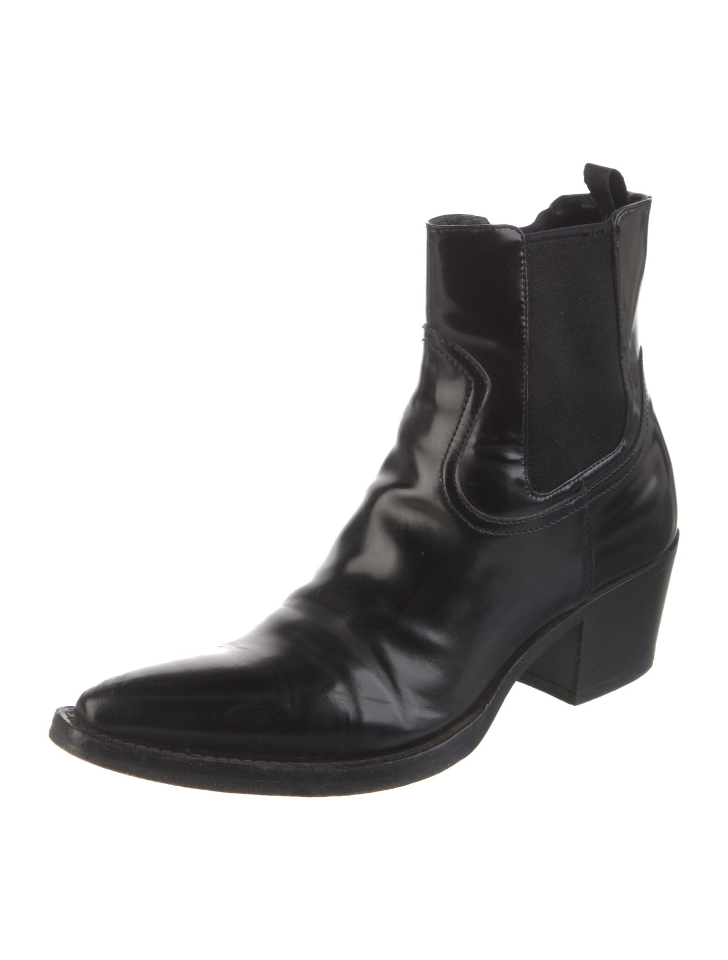 Prada Enameled Metal Triangle Leather Chelsea Boots