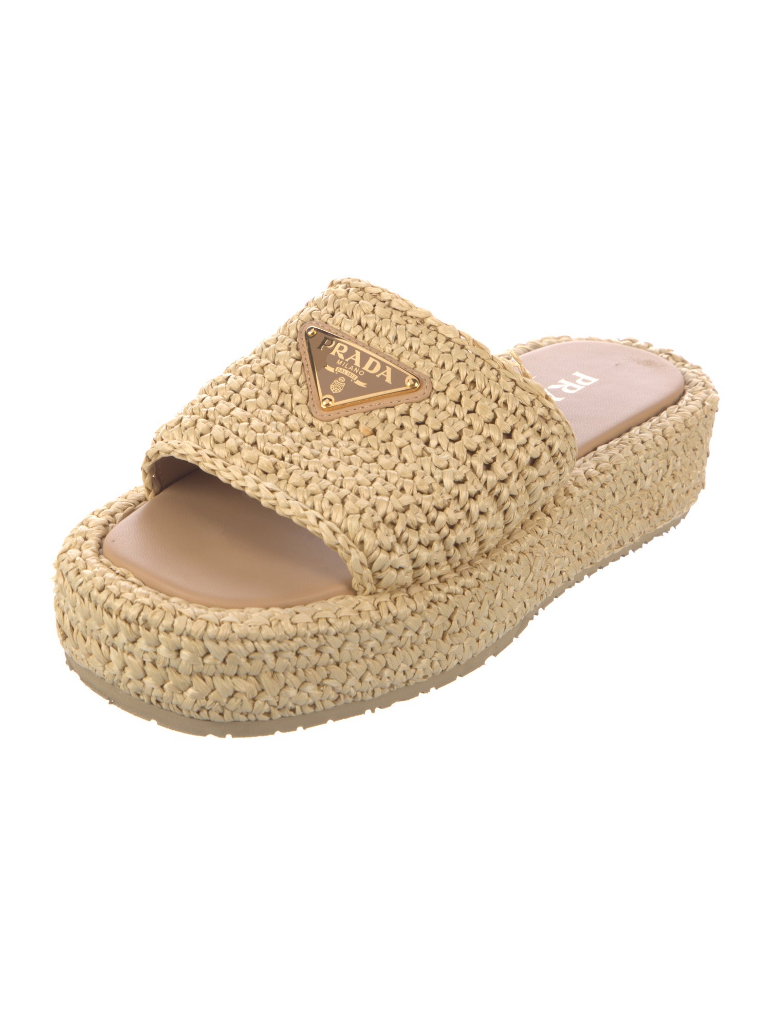 Prada Enameled Metal Triangle Raffia Espadrilles