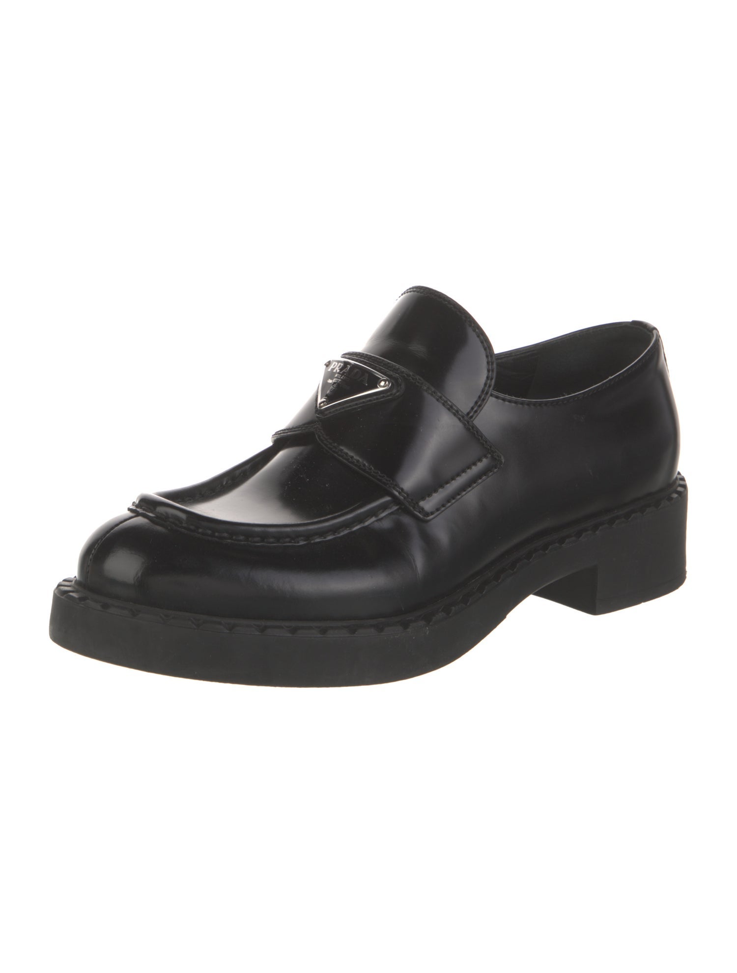 Prada Enameled Metal Triangle Leather Oxfords