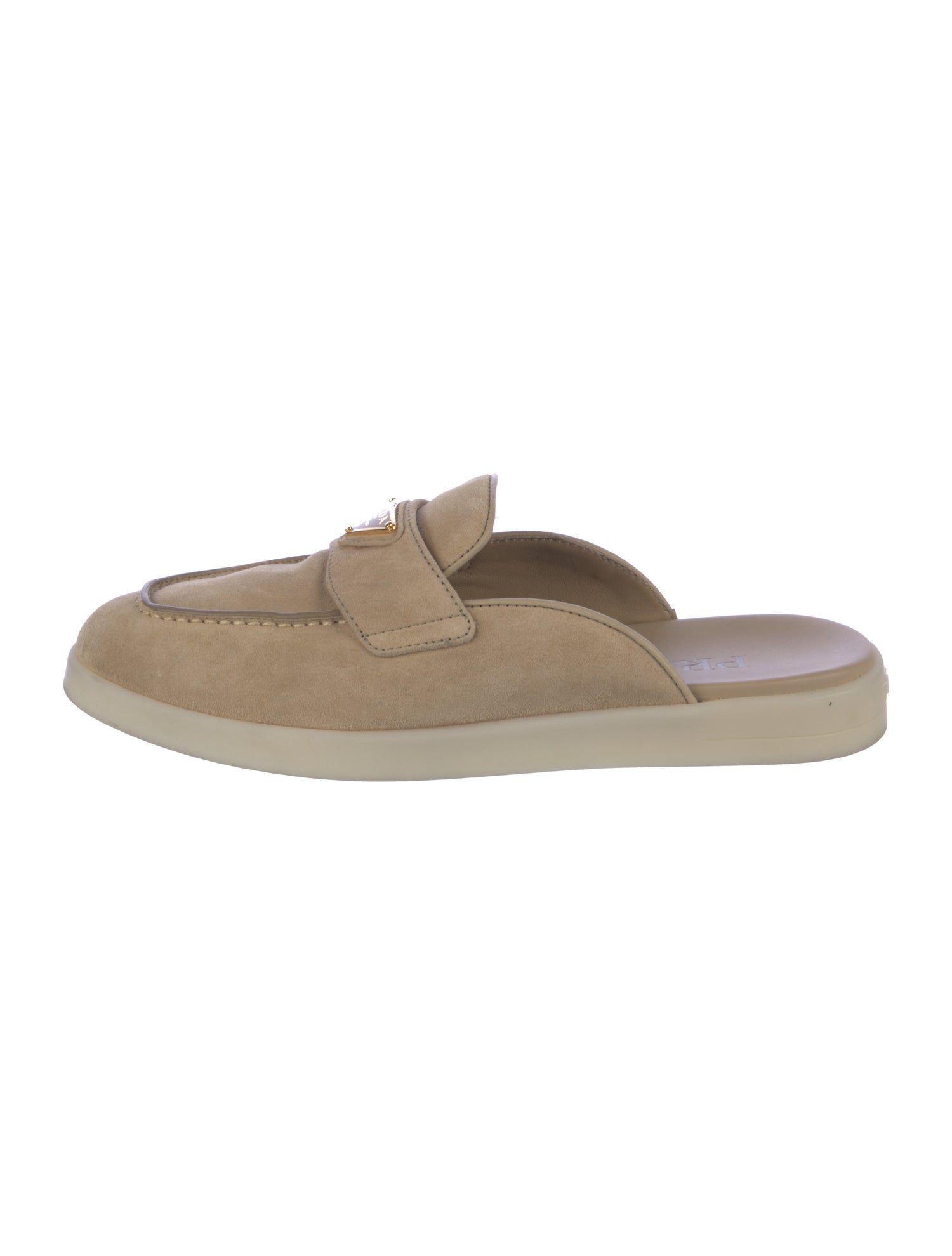 Prada Enameled Metal Triangle Suede Mules