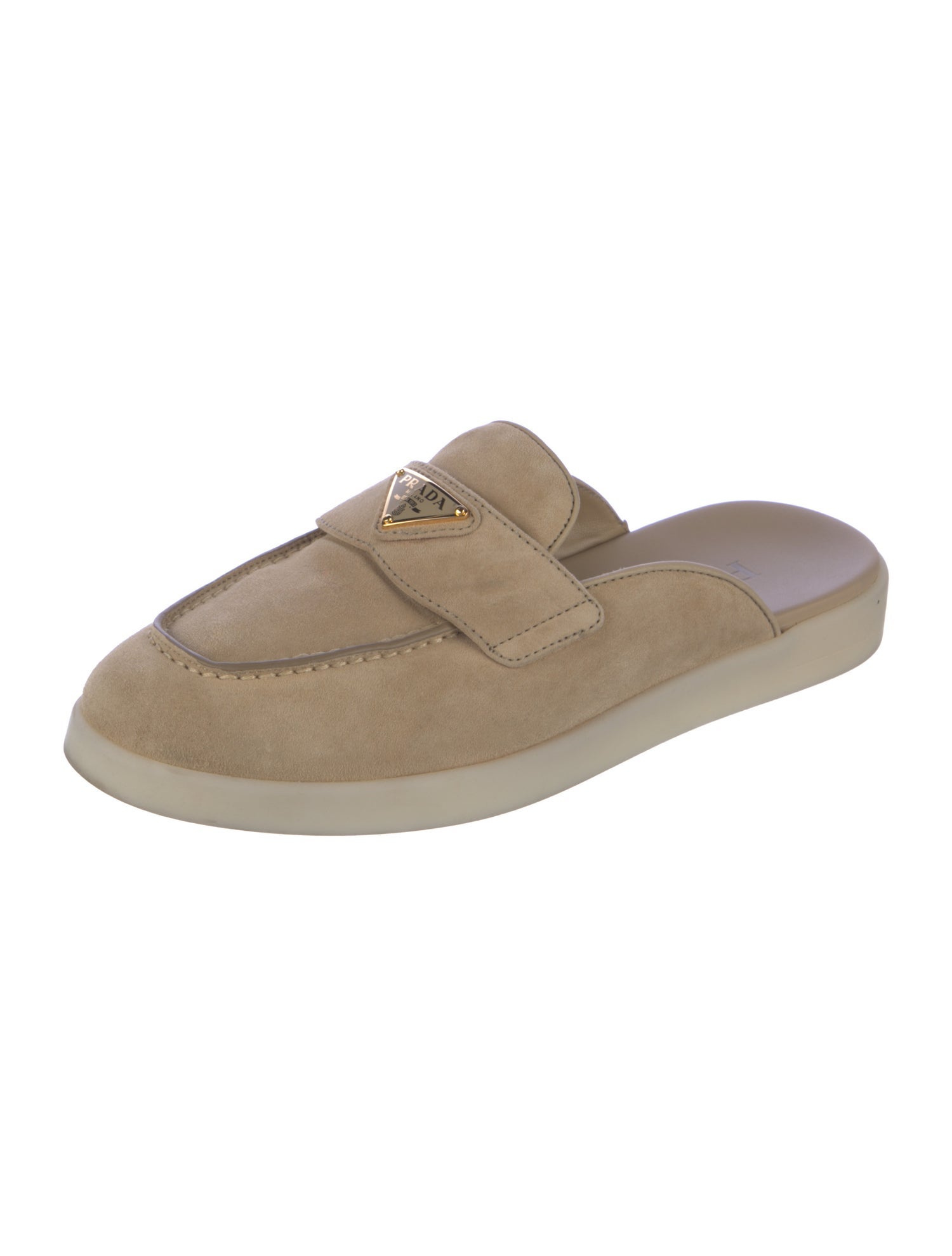 Prada Enameled Metal Triangle Suede Mules