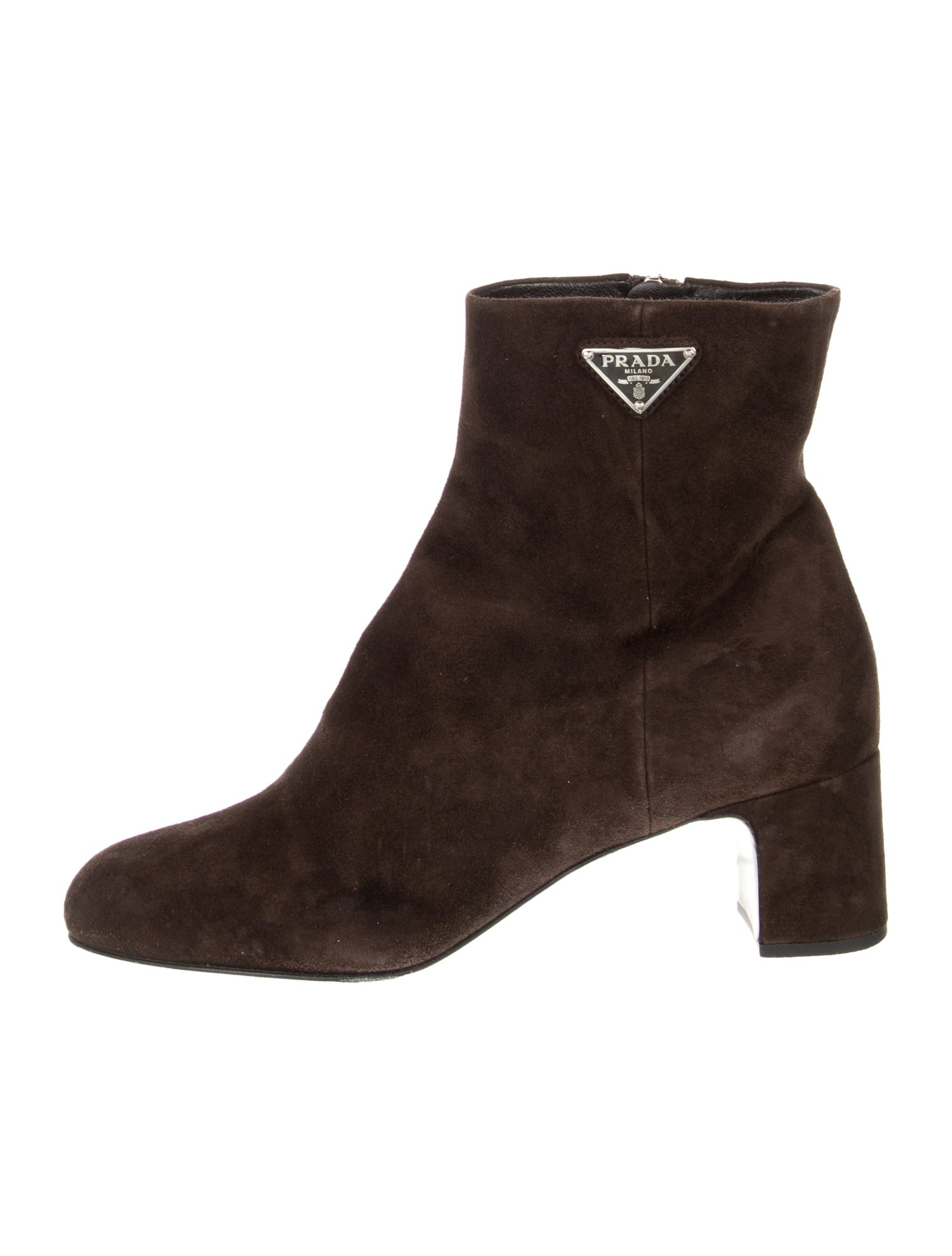 Prada Enameled Metal Triangle Suede Boots