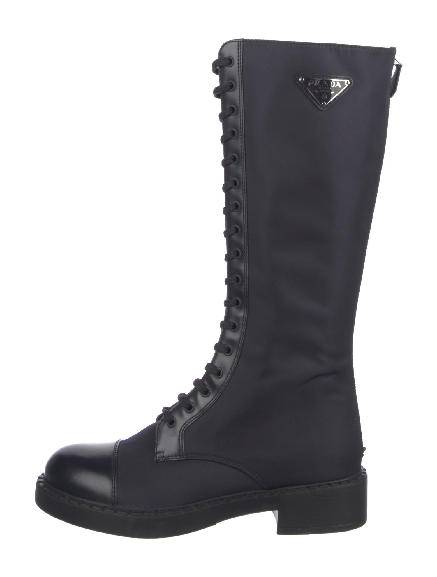Prada Enameled Metal Triangle Nylon Combat Boots