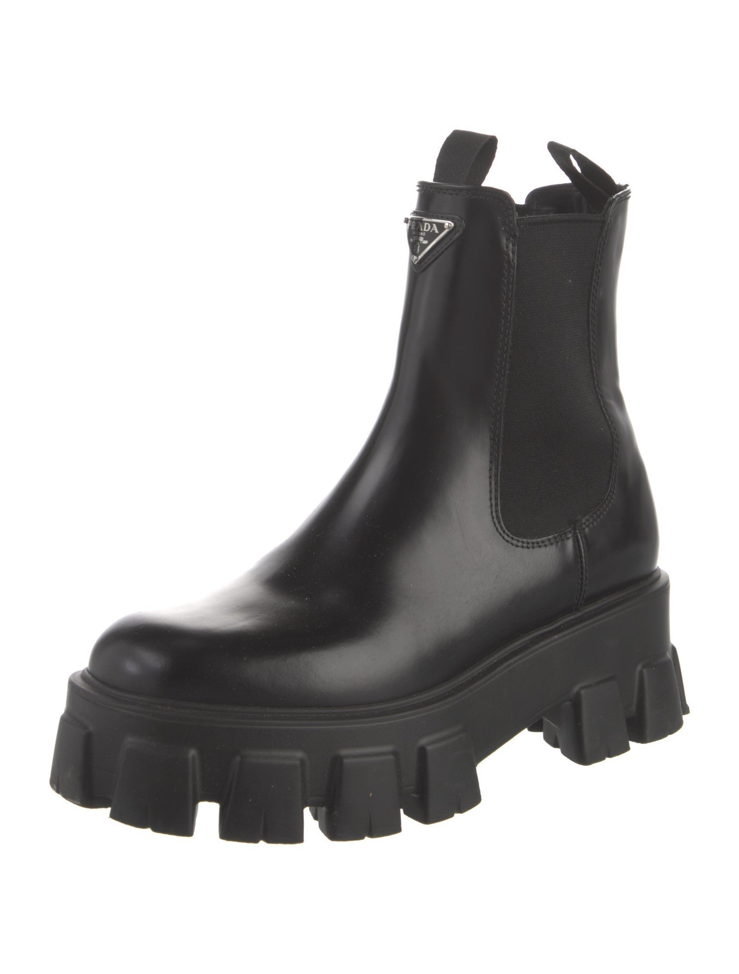 Prada Enameled Metal Triangle Leather Chelsea Boots