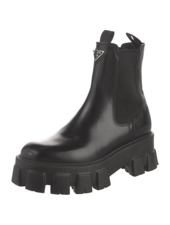 Prada Enameled Metal Triangle Leather Chelsea Boots