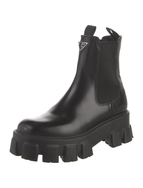 Prada Enameled Metal Triangle Leather Chelsea Boots