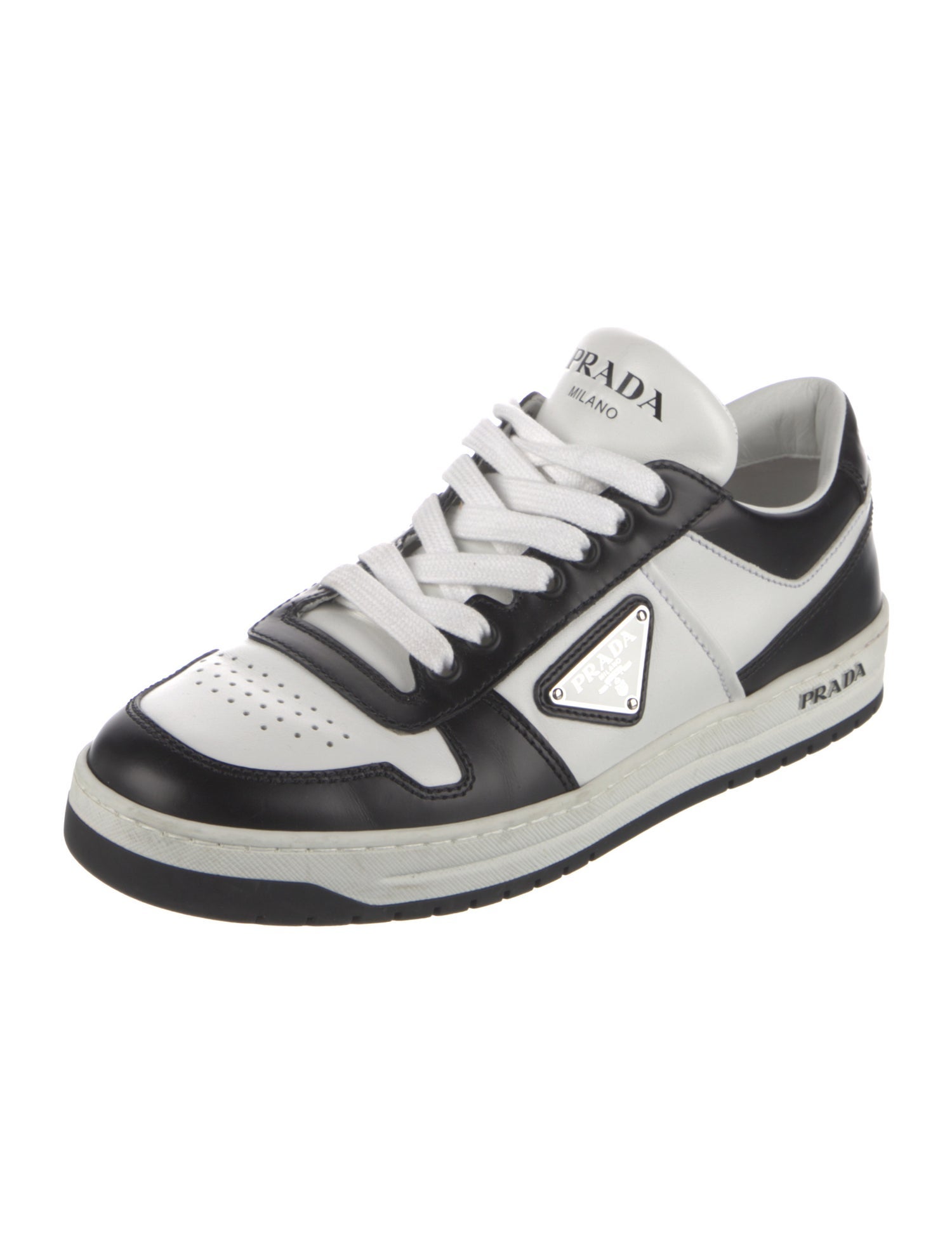 Prada Enameled Metal Triangle Leather Sneakers