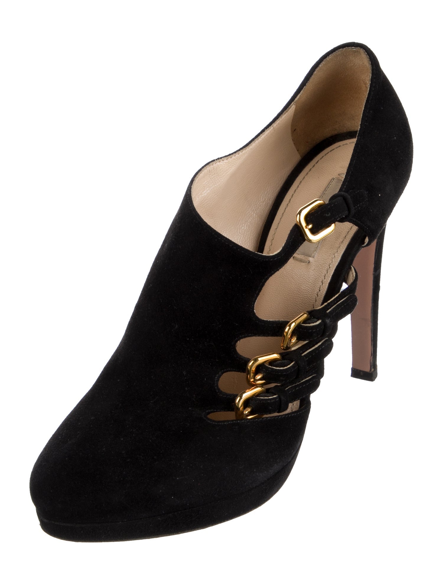 Prada Suede Cutout Accent T-Strap Pumps