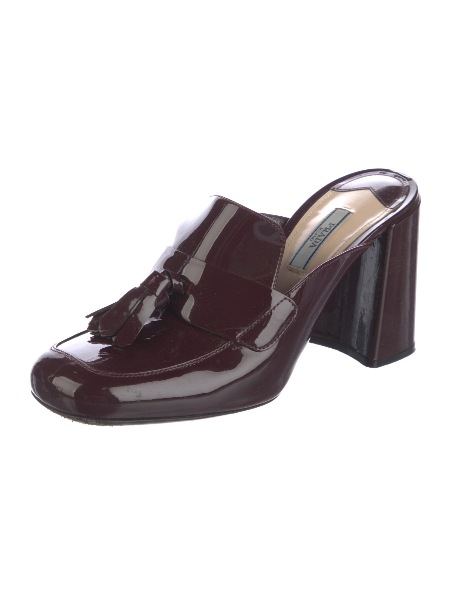 Prada Patent Leather Tassel Accents Mules
