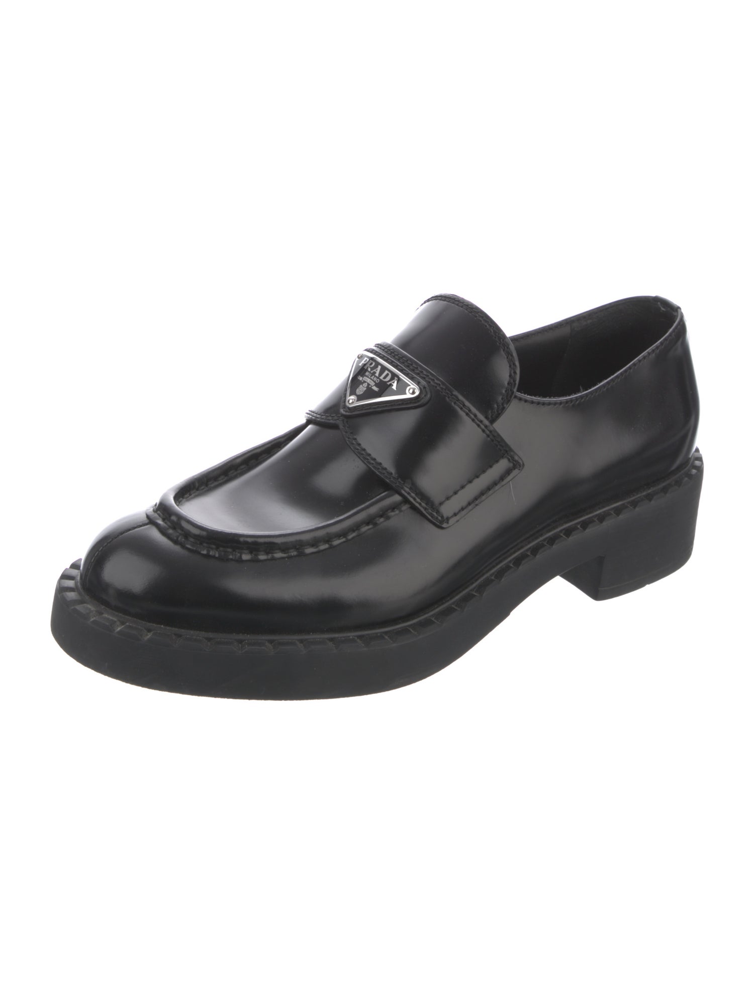 Prada Enameled Metal Triangle Leather Oxfords