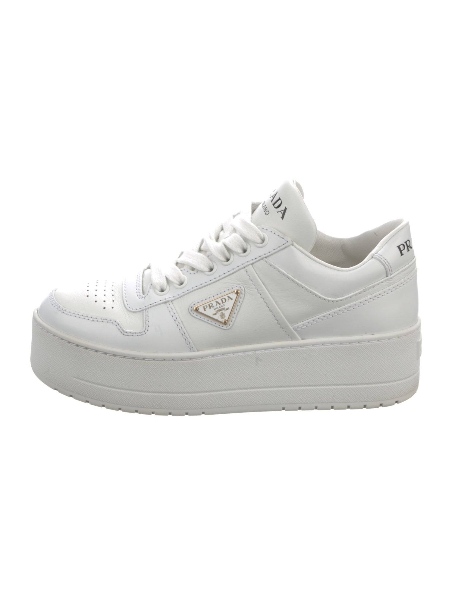 Prada Enameled Metal Triangle Leather Sneakers
