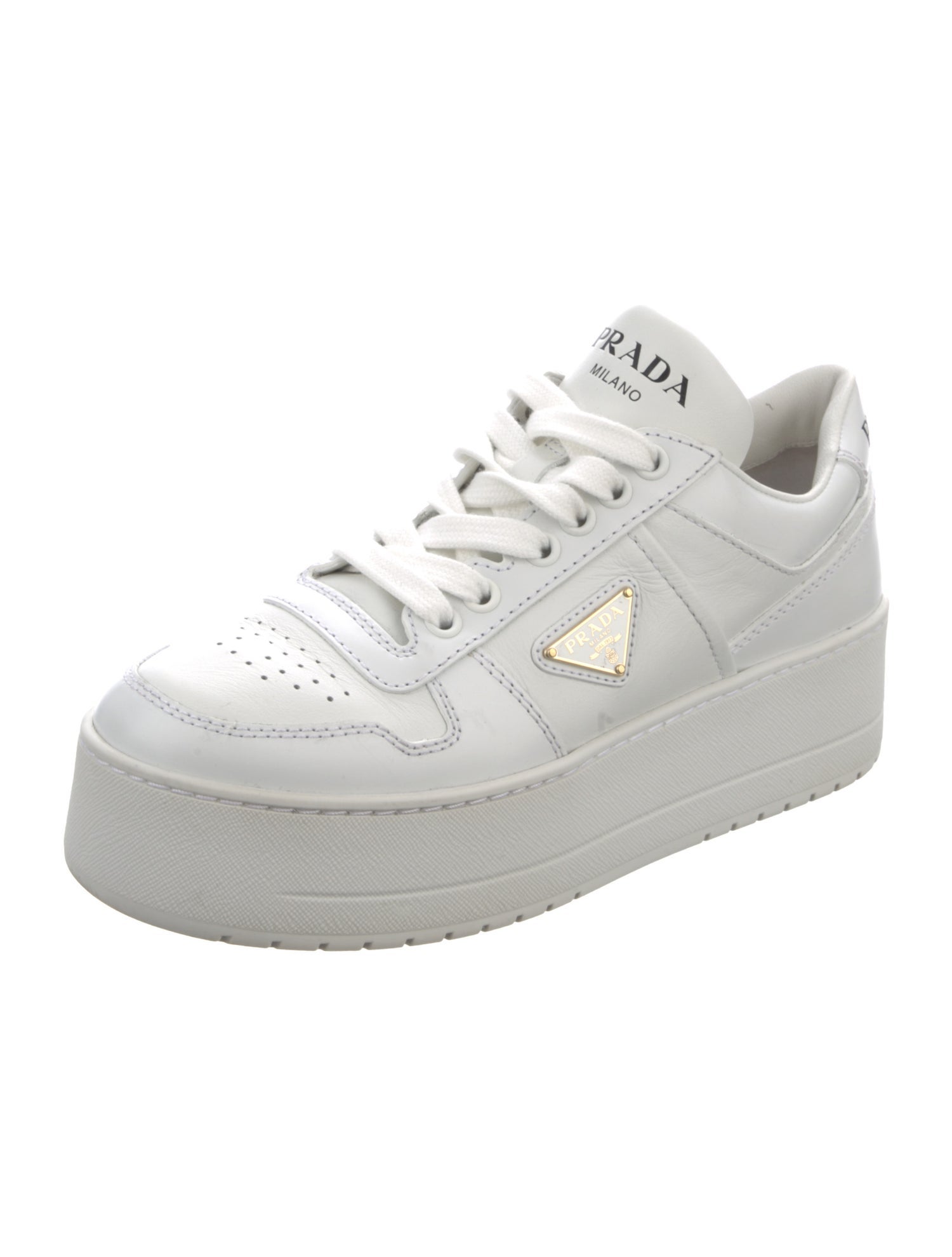 Prada Enameled Metal Triangle Leather Sneakers