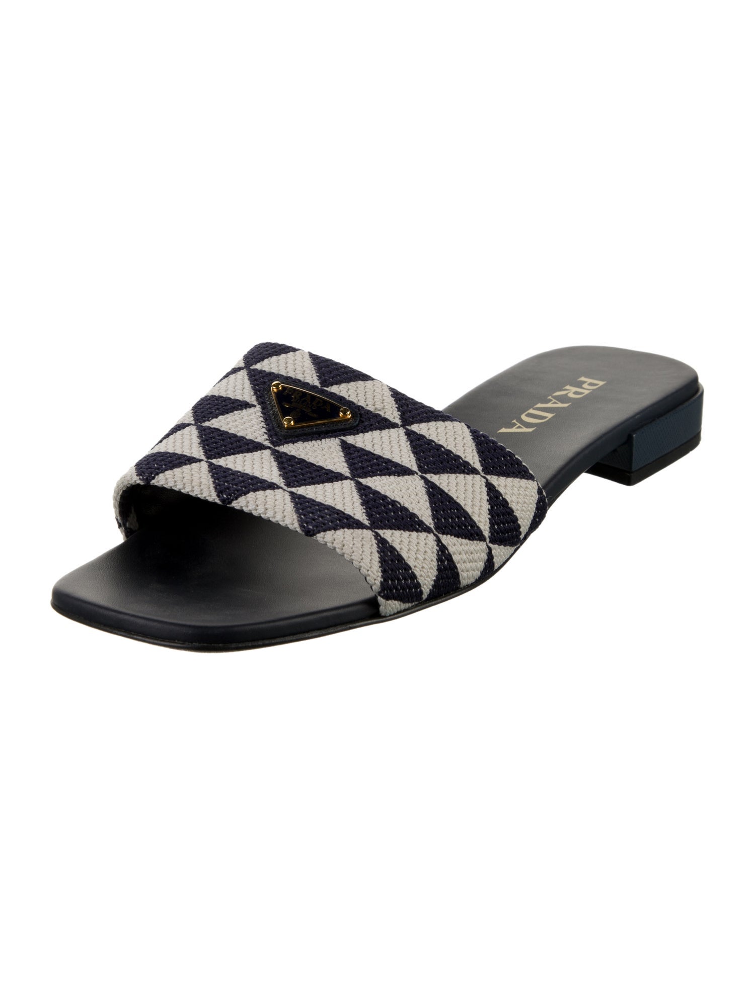 Prada Enameled Metal Triangle Printed Slides