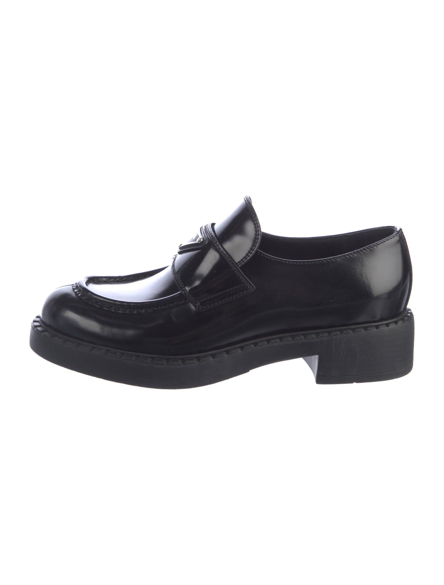 Prada Enameled Metal Triangle Patent Leather Oxfords