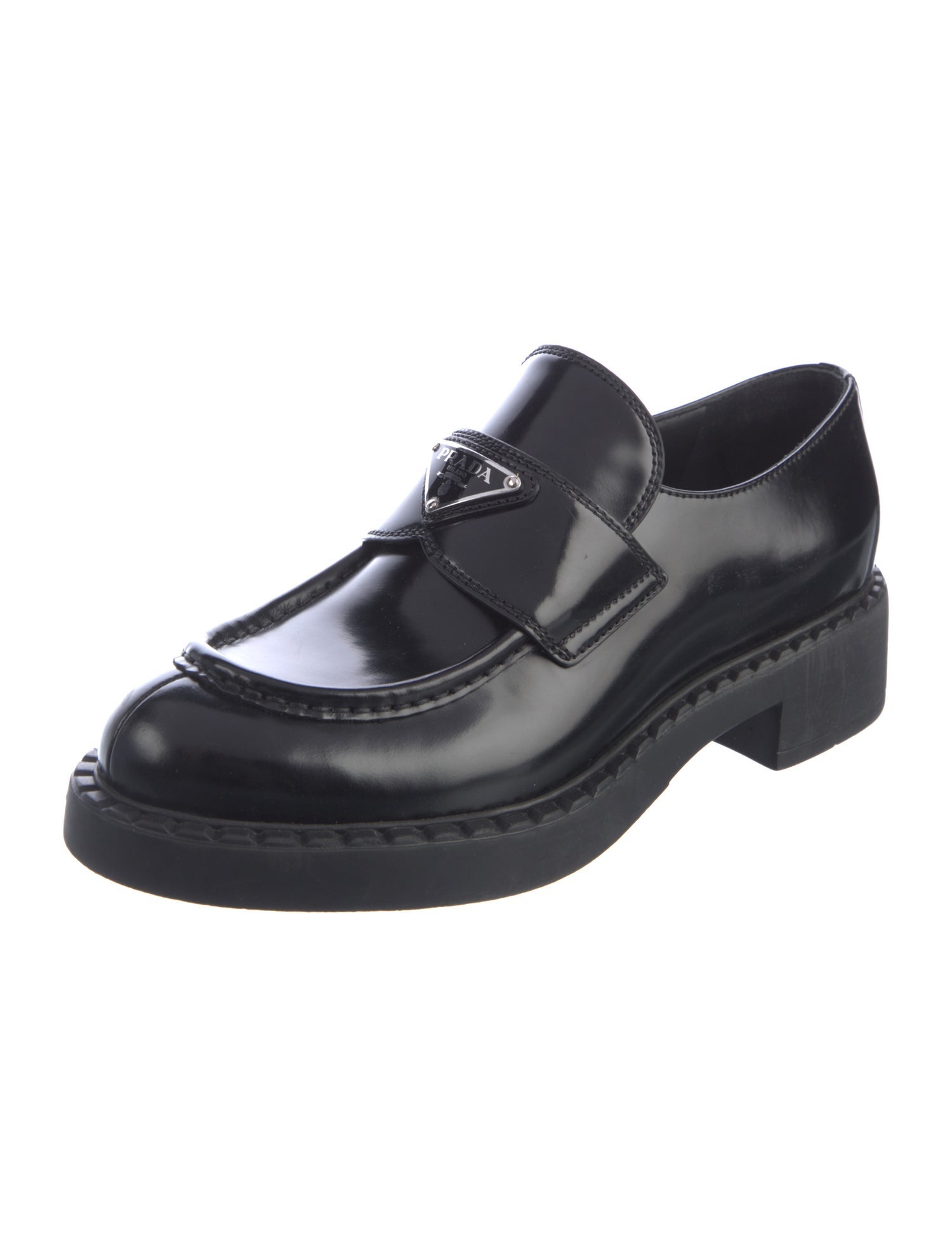 Prada Enameled Metal Triangle Patent Leather Oxfords