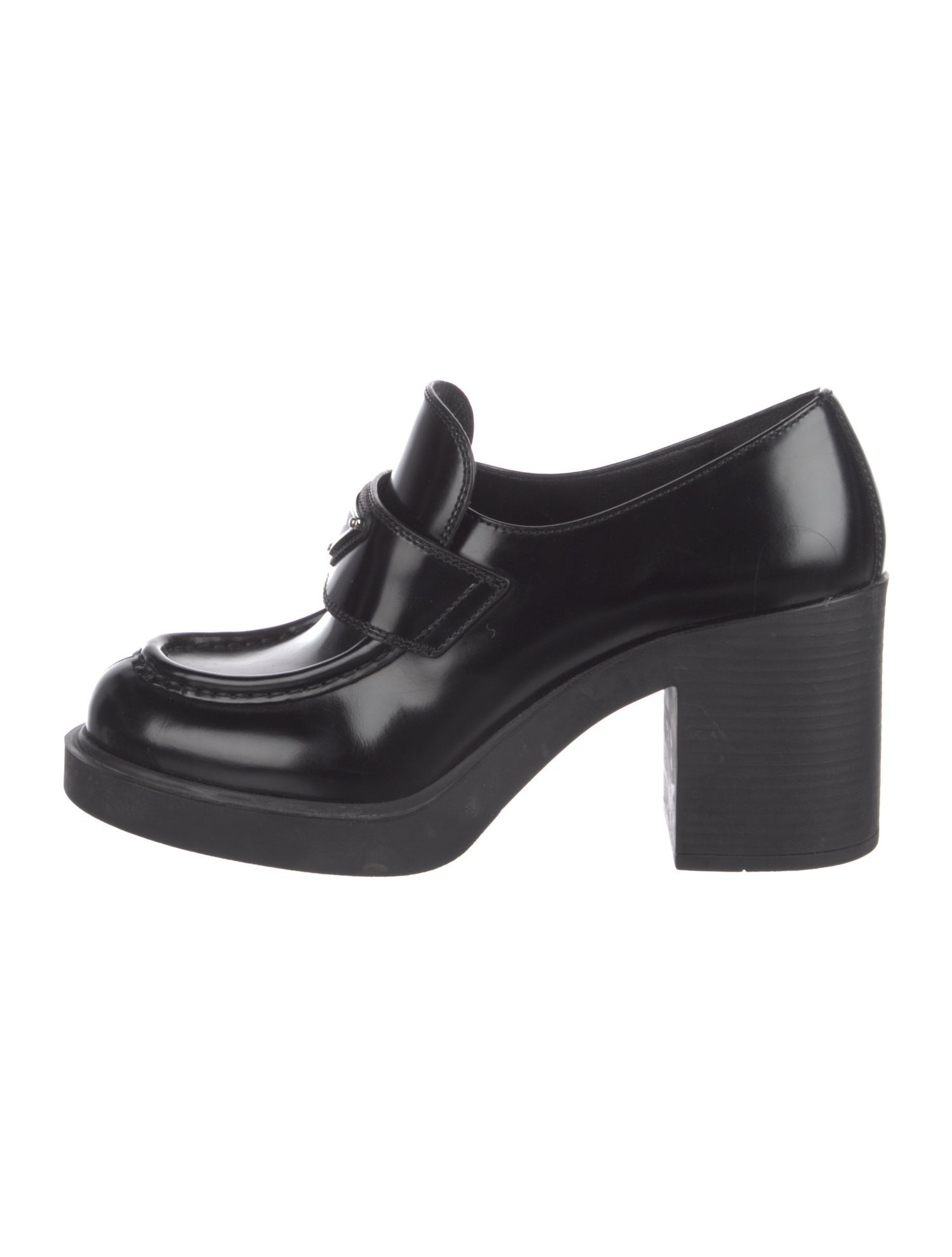 Prada Enameled Metal Triangle Patent Leather Pumps