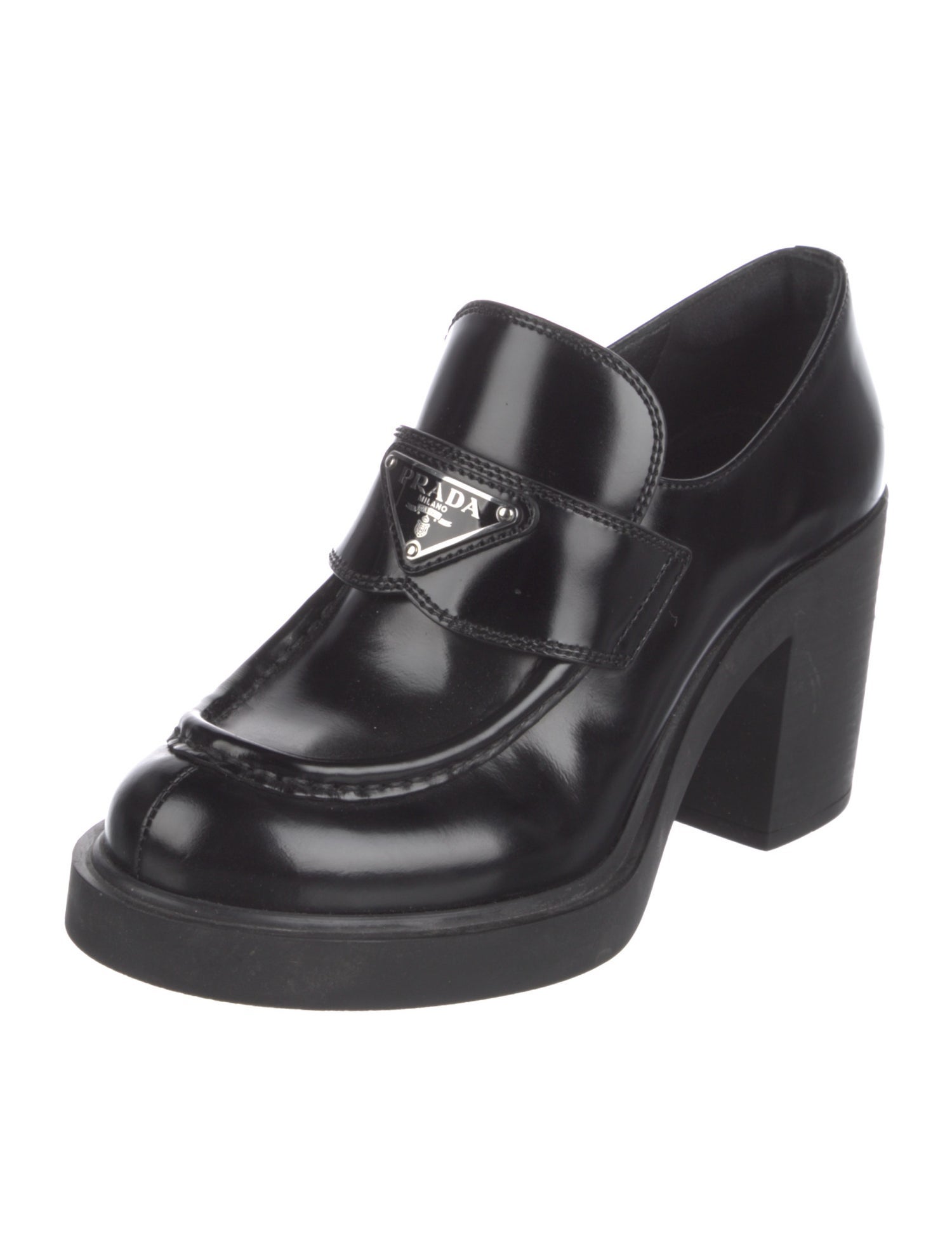 Prada Enameled Metal Triangle Patent Leather Pumps