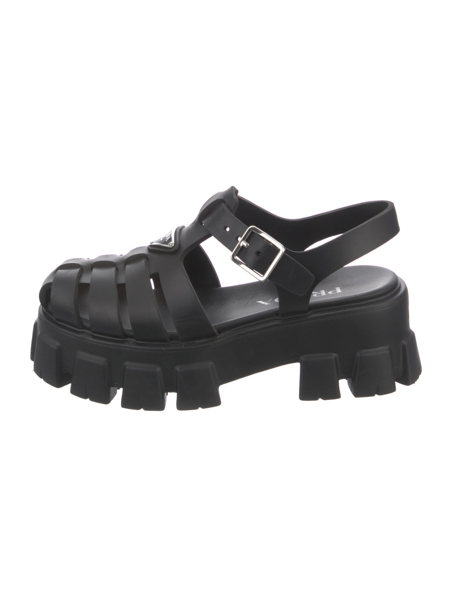 Prada Enameled Metal Triangle Rubber Slingback Sandals