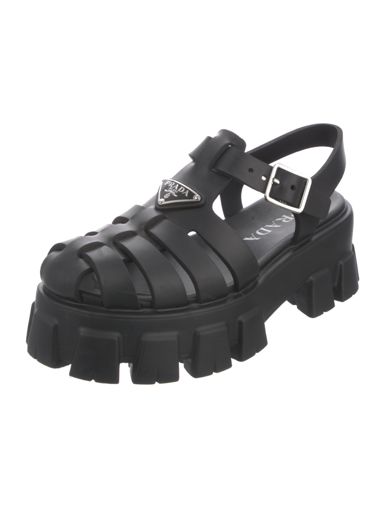 Prada Enameled Metal Triangle Rubber Slingback Sandals