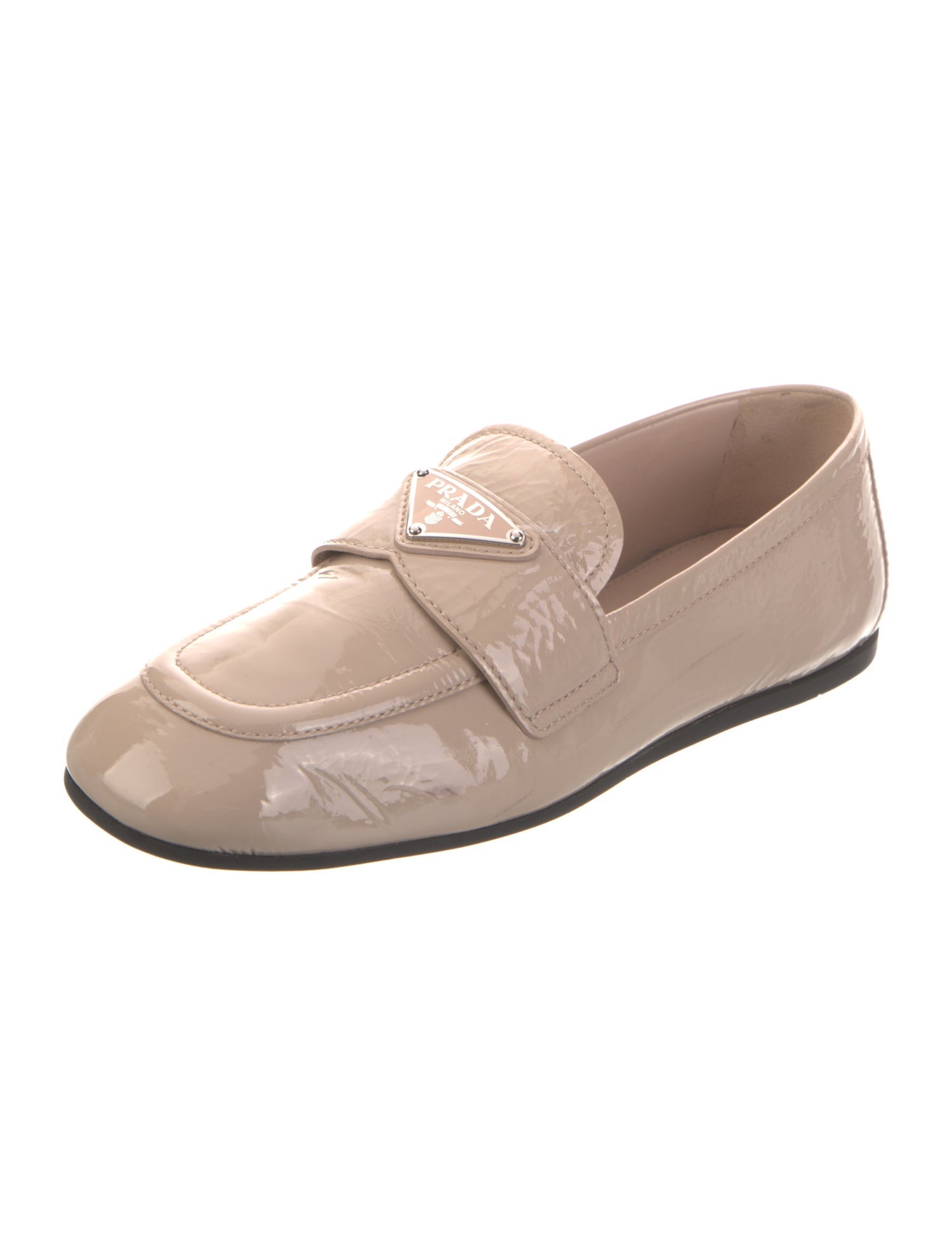 Prada Enameled Metal Triangle Patent Leather Loafers