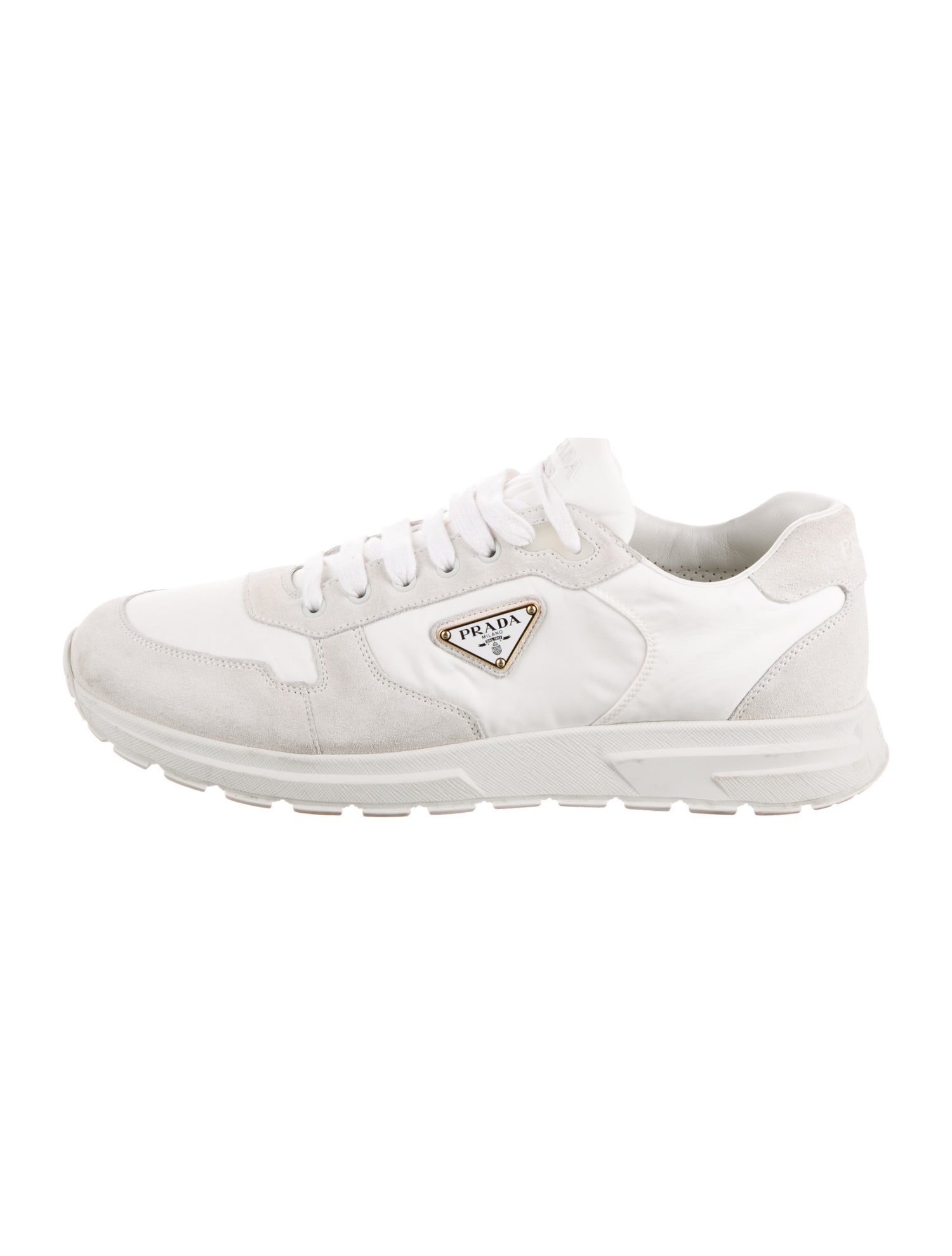 Prada Enameled Metal Triangle Nylon Sneakers